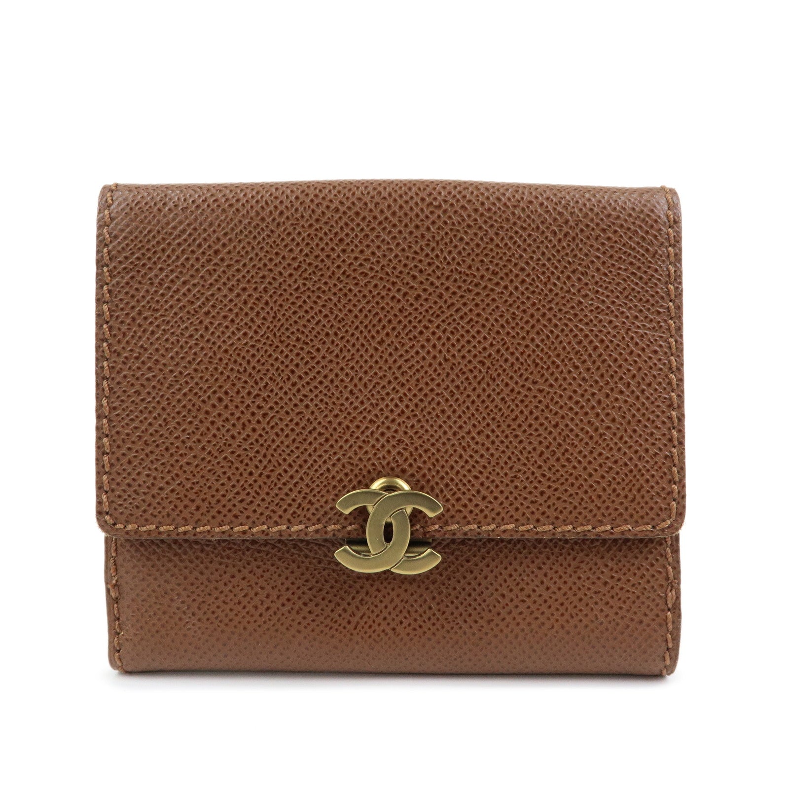 CHANEL COCO Mark Leather Bi-fold Compact Wallet Brown Gold
