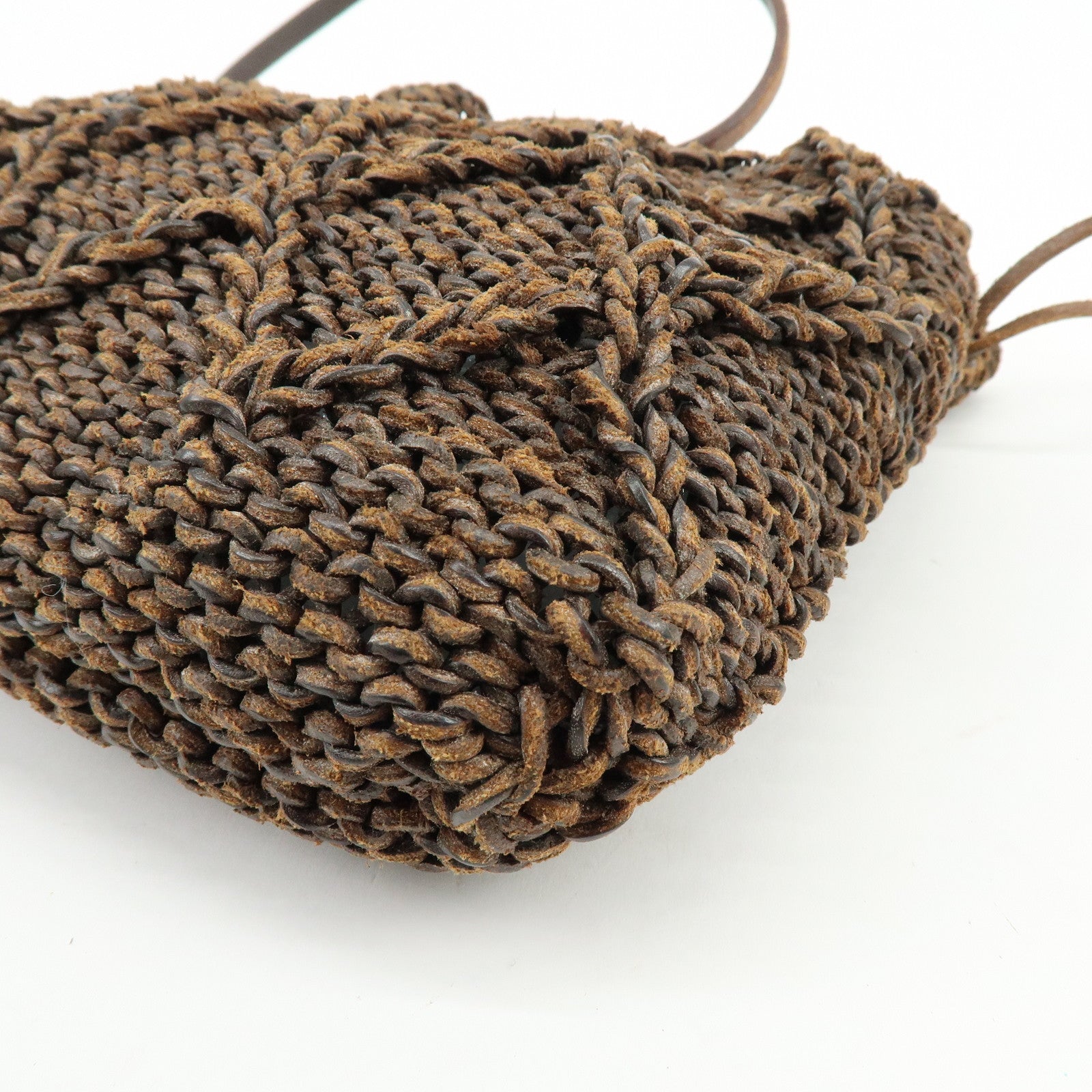 CHANEL Braided Leather Drawstring Shoulder Bag Brown