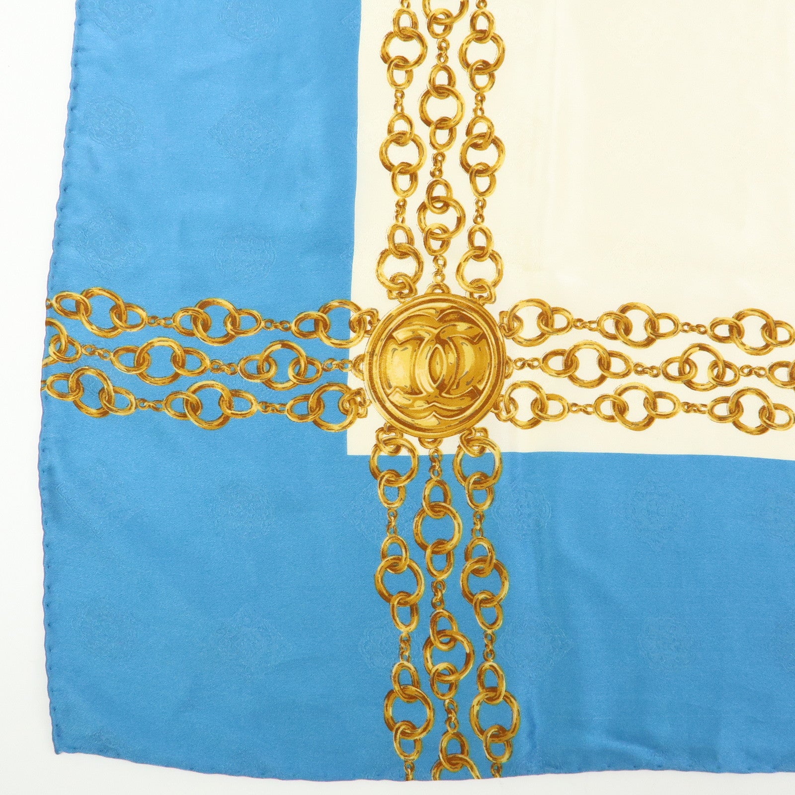 CHANEL Silk 100% Scarf Gold Chain Motif Light Blue White