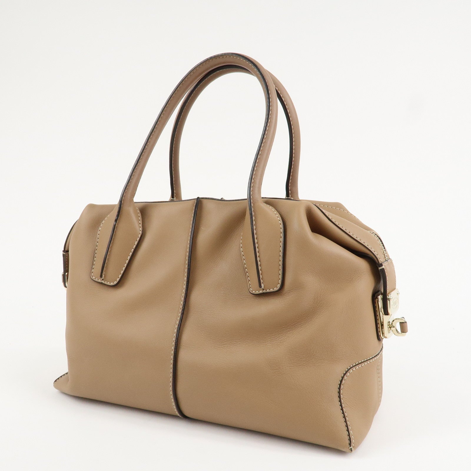 TOD'S Leather Shoulder Bag Boston Bag Hand Bag Beige Used