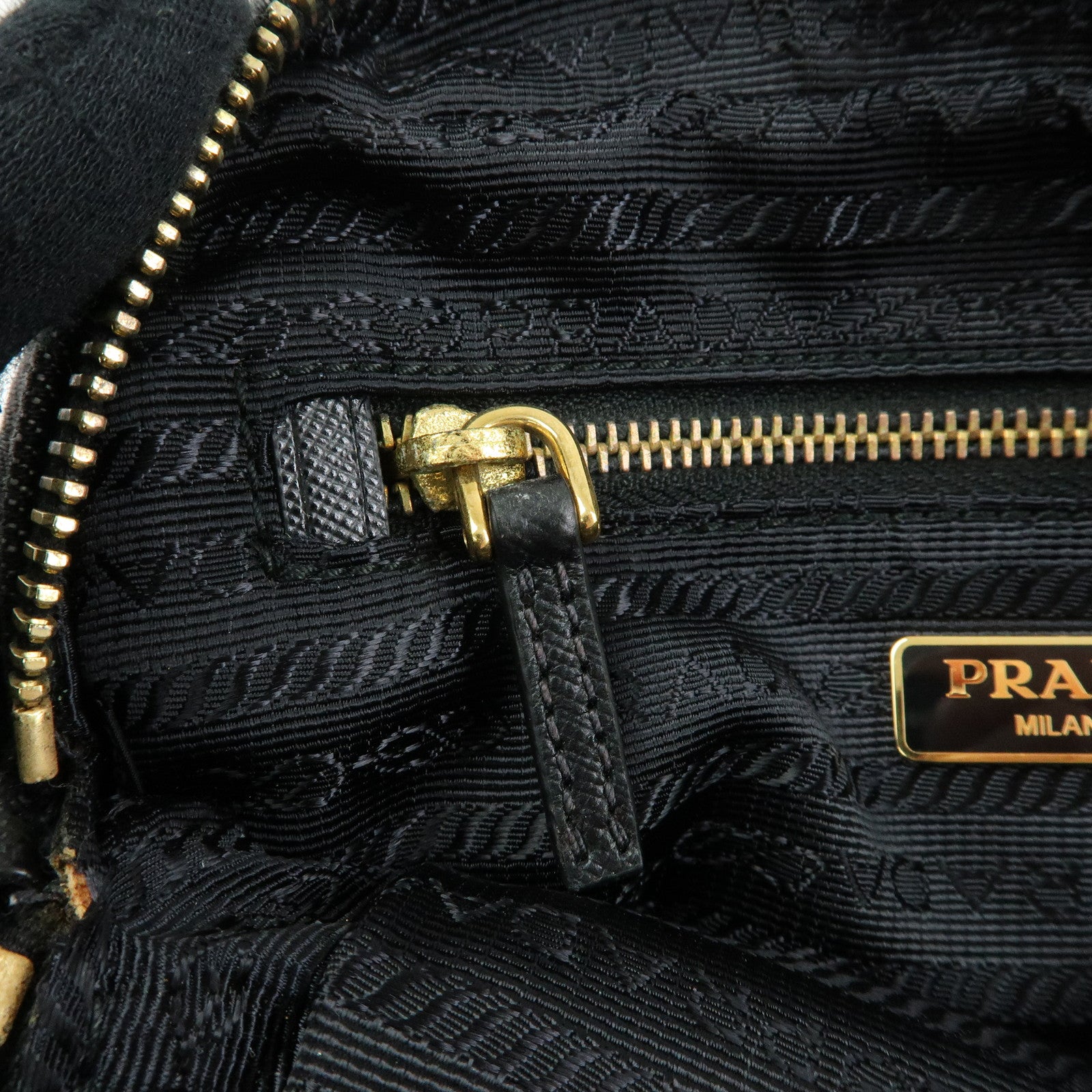 PRADA Triangle Logo Denim Cosmetic Pouch Black Gold