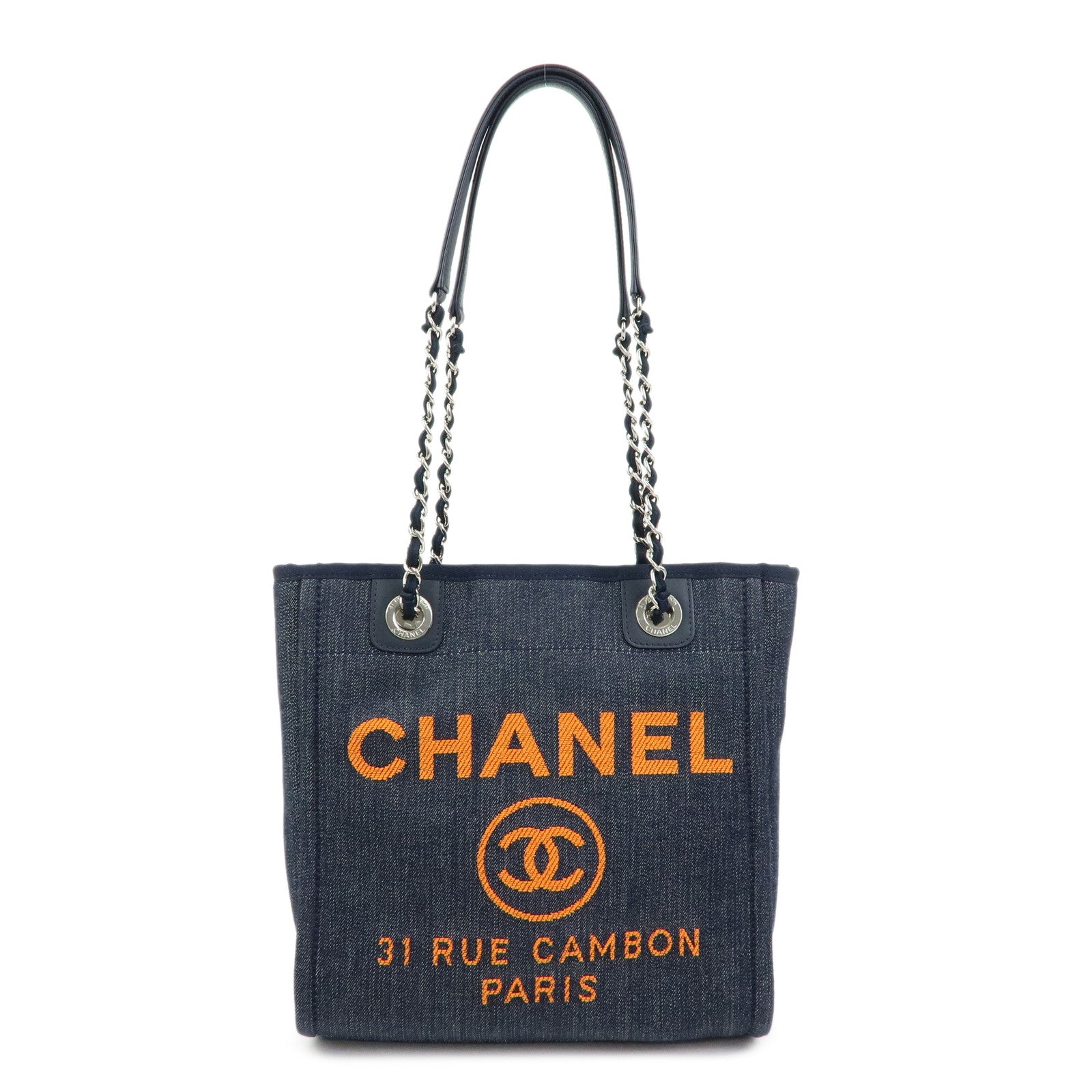 CHANEL Deauville PM Denim Calf Leather Chain Tote Bag Indigo A66939