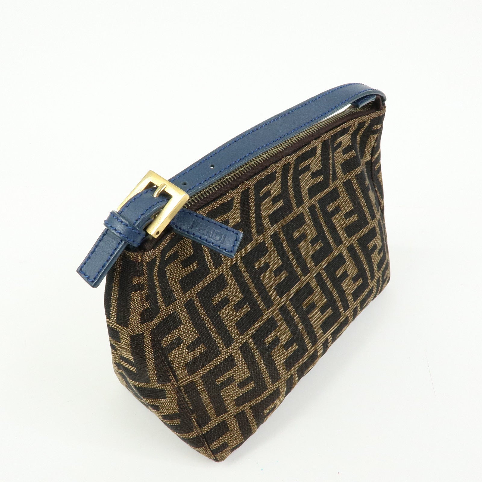 FENDI Zucca Canvas Leather Hand Bag Accessory Pouch Brown Blue 8N0005