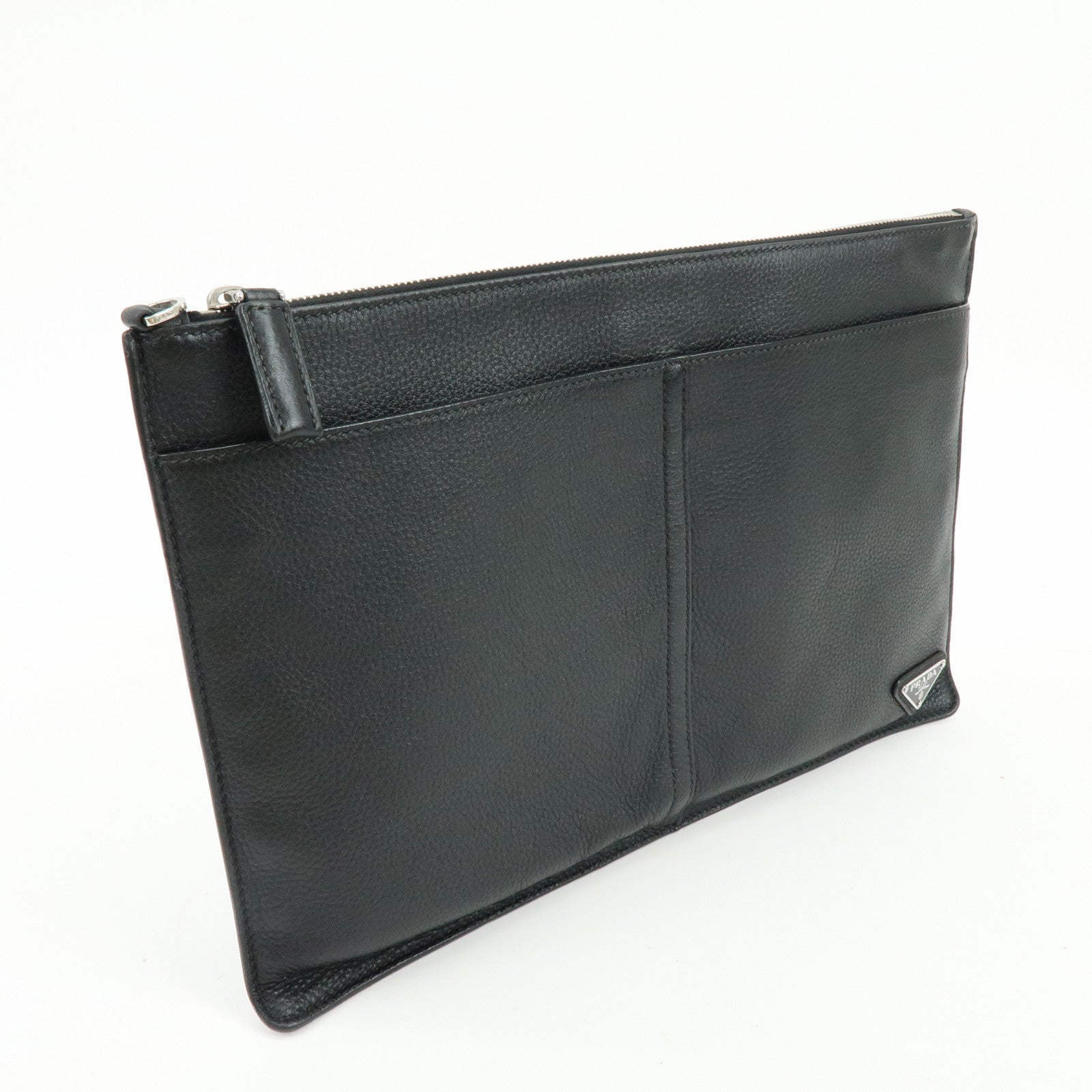 PRADA Triangle Logo Calf Leather Clutch Bag Flat Pouch Black 2VN013