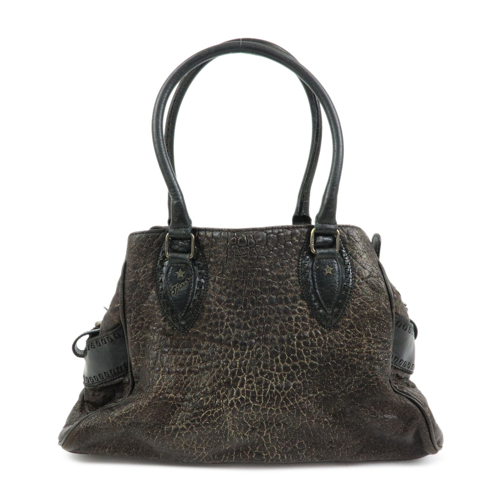 FENDI Etnico Embossed Leather Tote Bag Shoulder Bag Brown Gold 8BN162