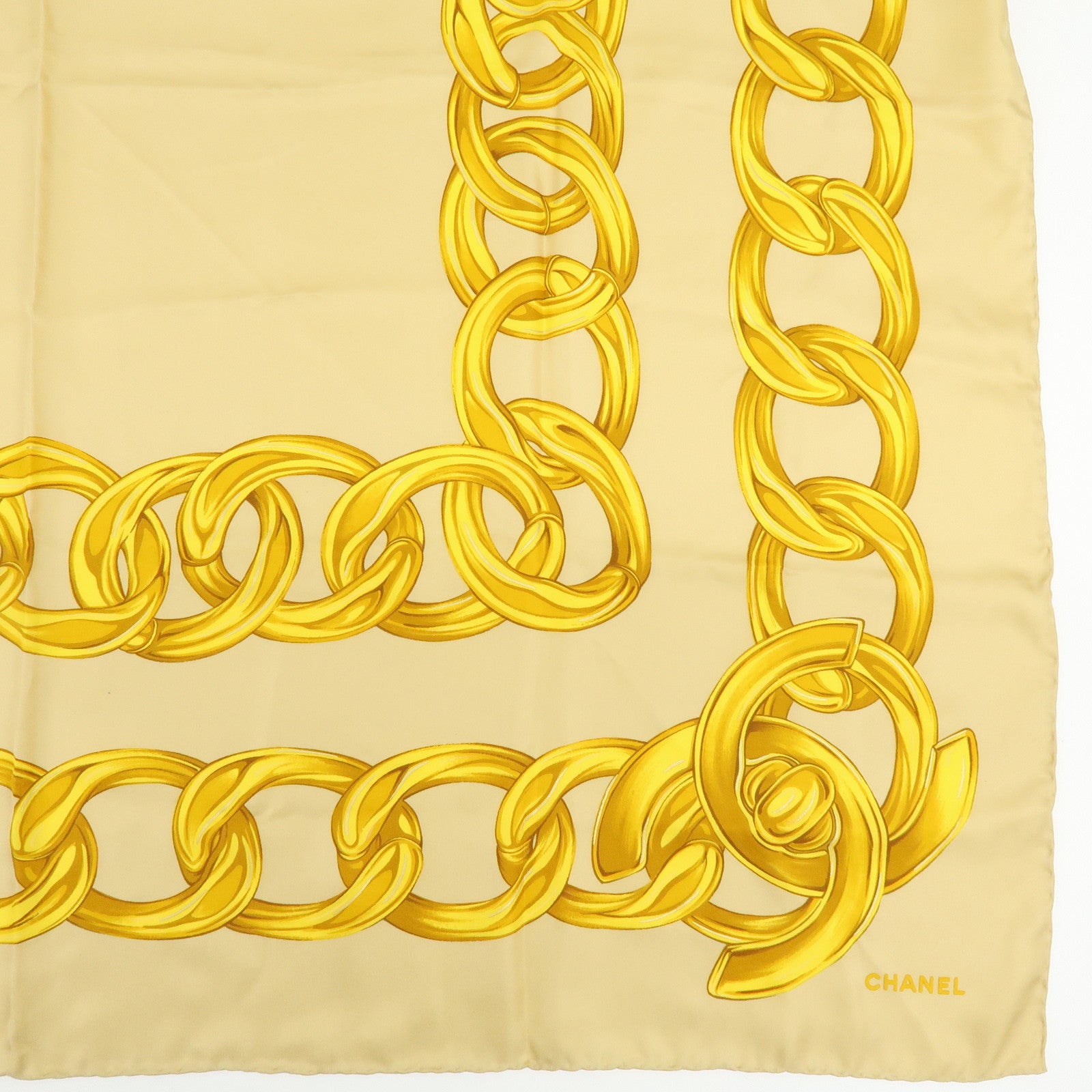 CHANEL Silk 100% Scarf Gold Chian Motif Beige Gold