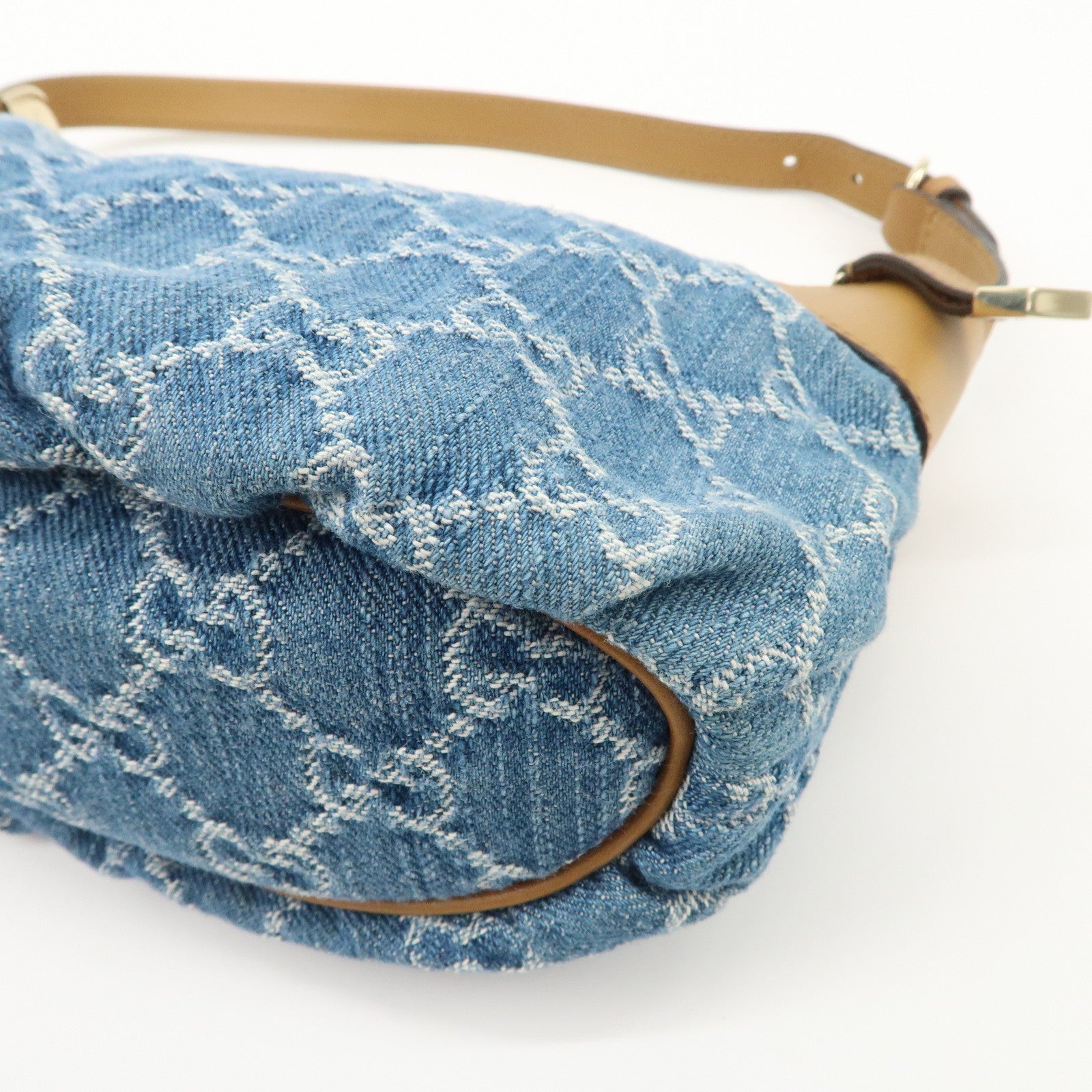 GUCCI GG Denim Leather Accessory Pouch Hand Bag Blue Brown 224093 Used