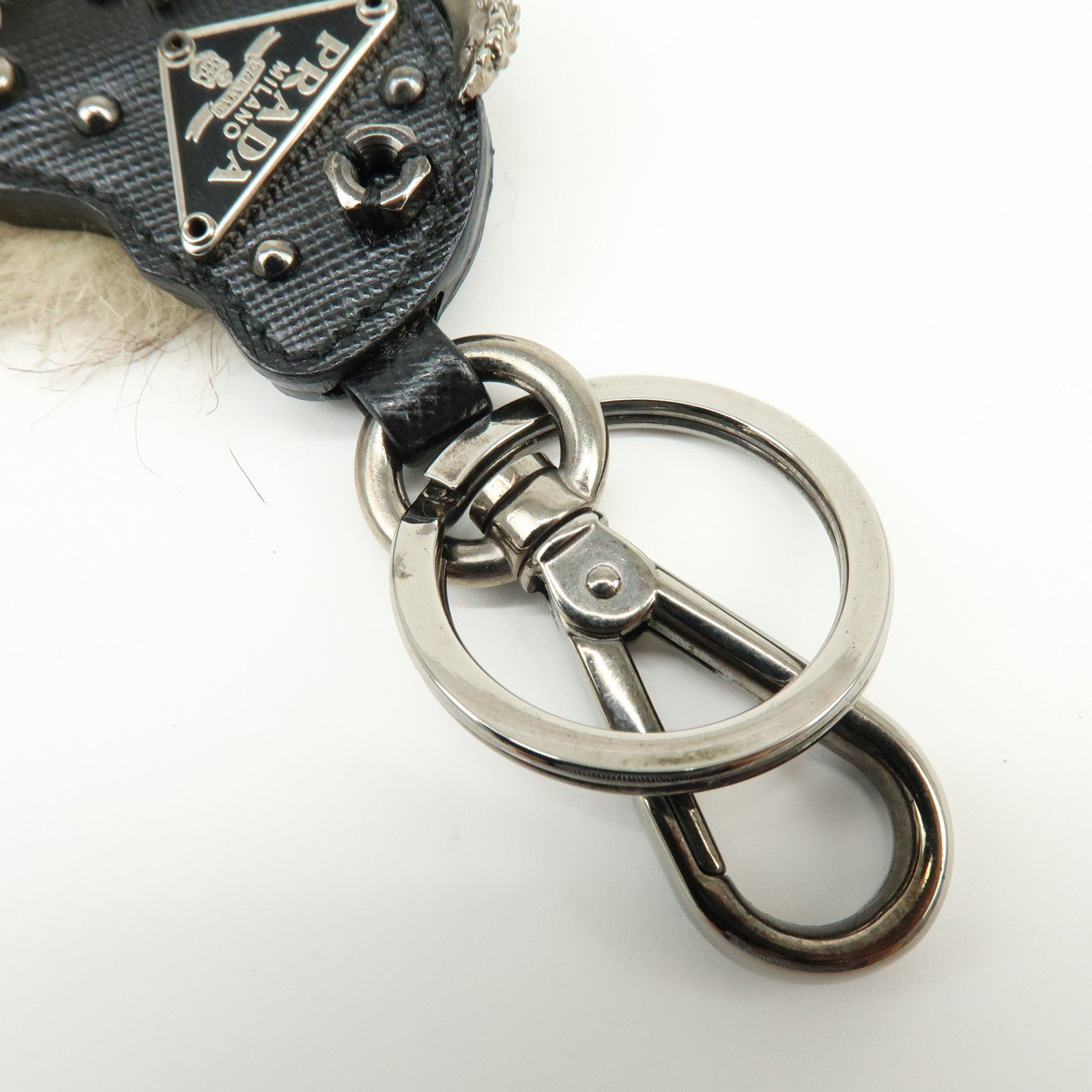 PRADA Triangle Log Saffiano Leather Fur Bag Charm Key Charm Beige