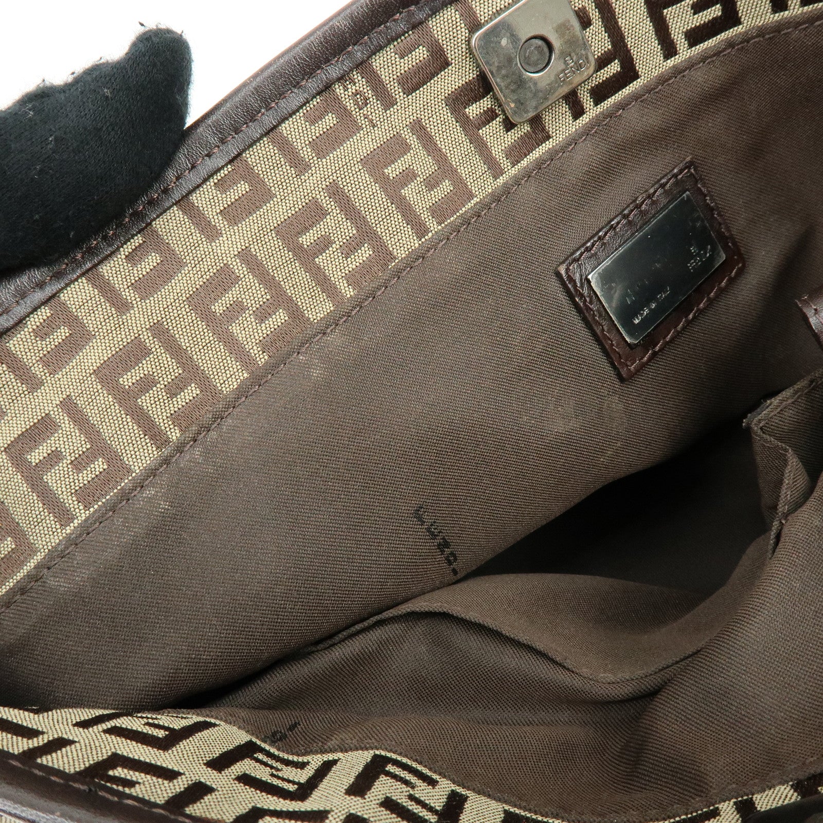 FENDI Zucchino Canvas Leather Tote Bag Hand Bag Shoulder Bag Brown