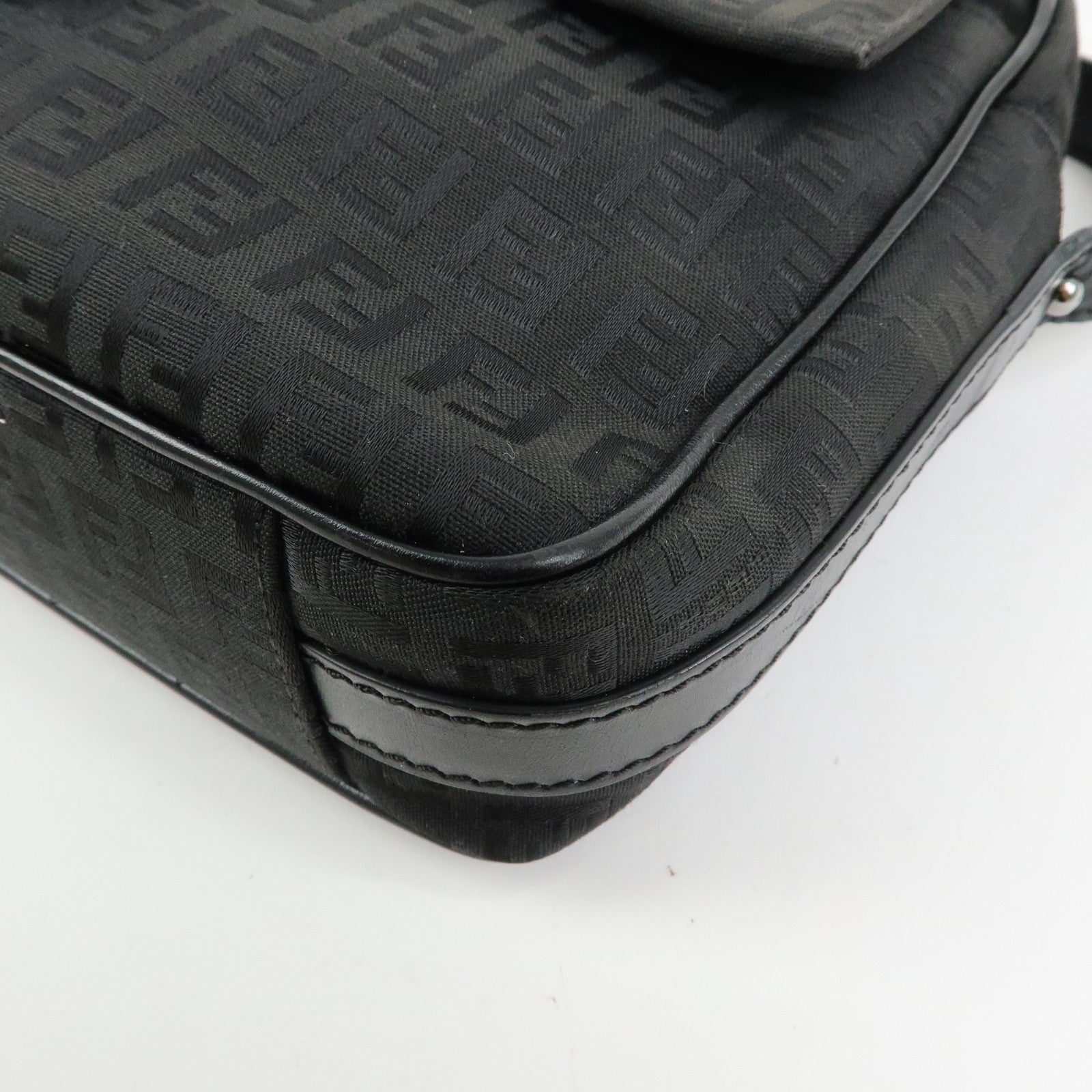 FENDI Zucchino Jacquard Canvas Leather Shoulder Bag Black 8BT117