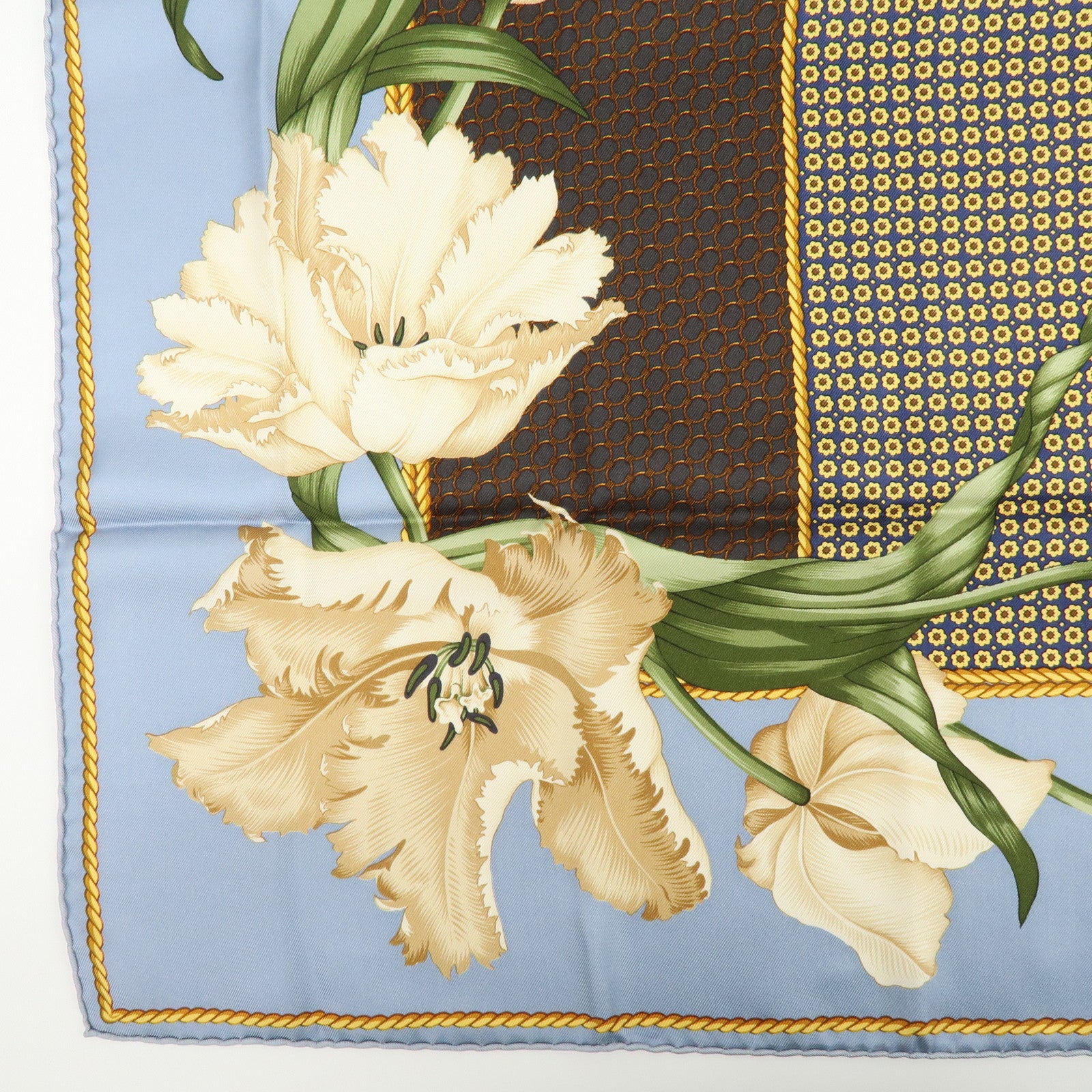 Christian Dior Silk 100% Scarf Tulips Geometric Pattern Blue Brown