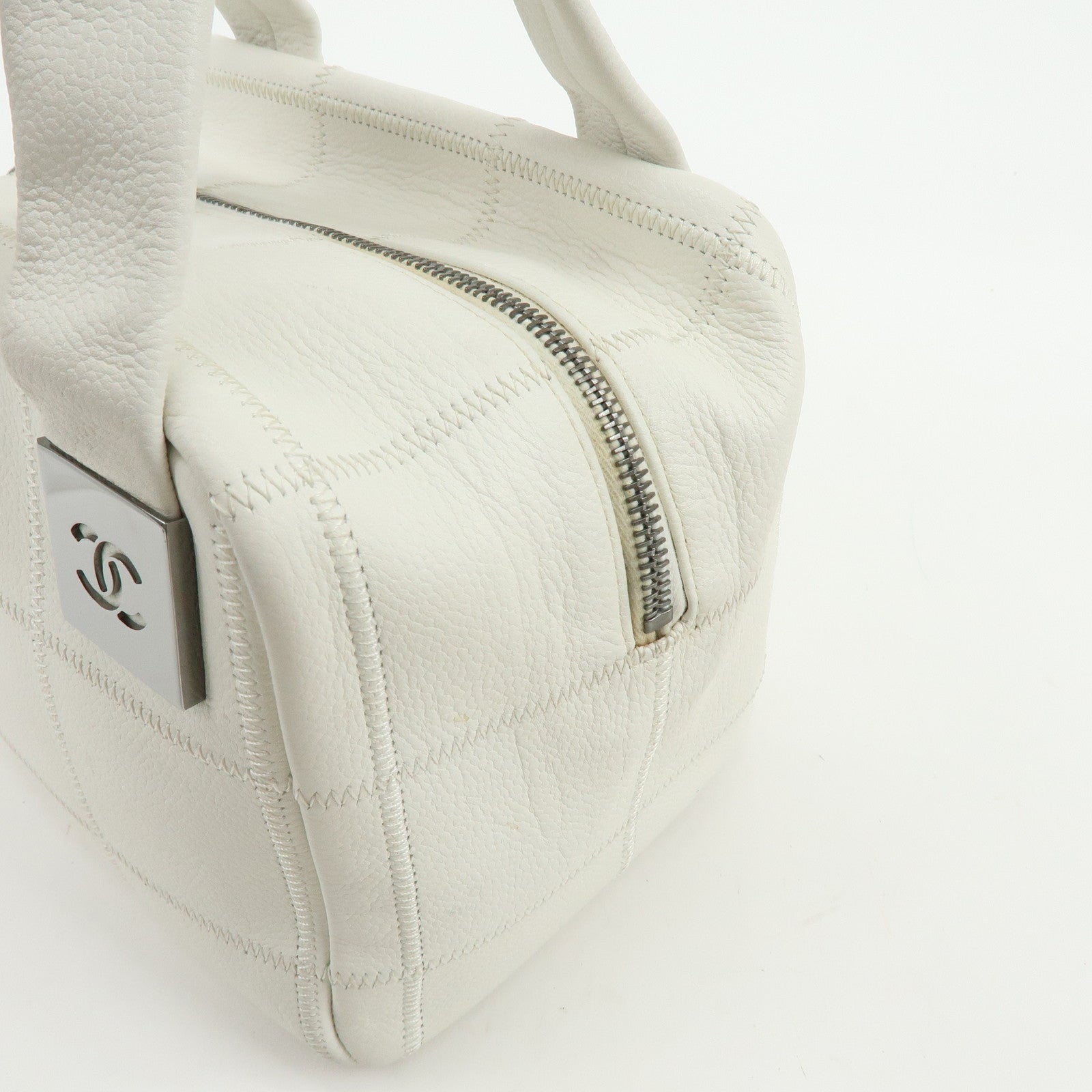 CHANEL Chocolate Bar COCO Mark Caviarskin Hand Bag Tote Bag White