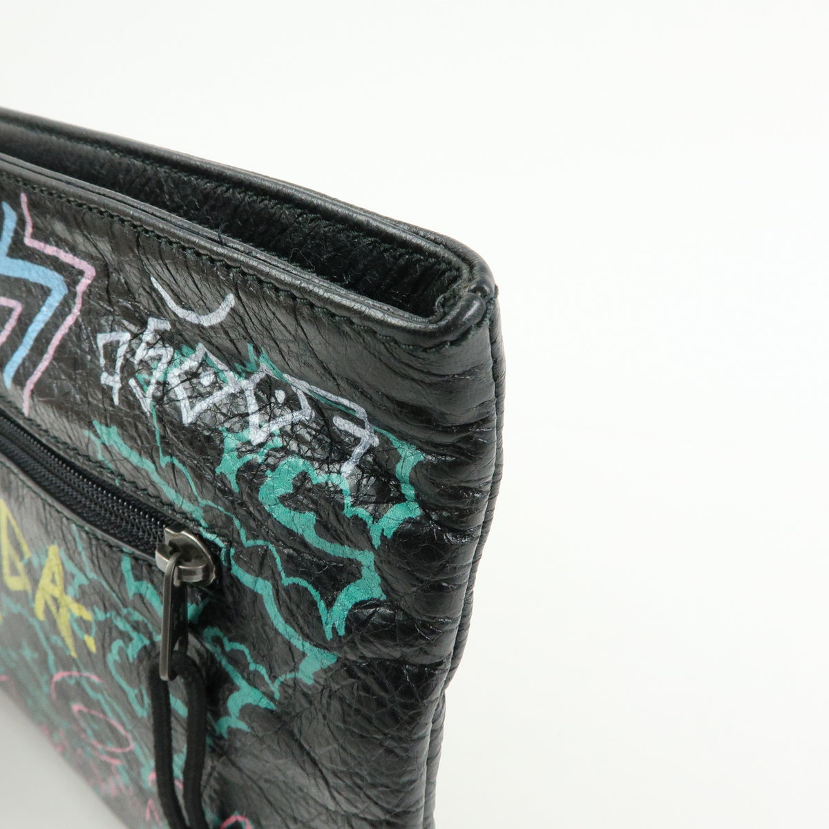 BALENCIAGA Graffiti Leather Clutch Bag Pouch Black Multicolor 459745