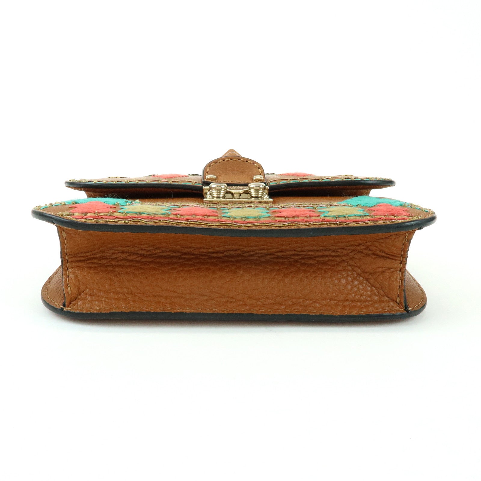 VALENTINO Glam Lock Embroidery Leather Chain Shoulder Bag Brown