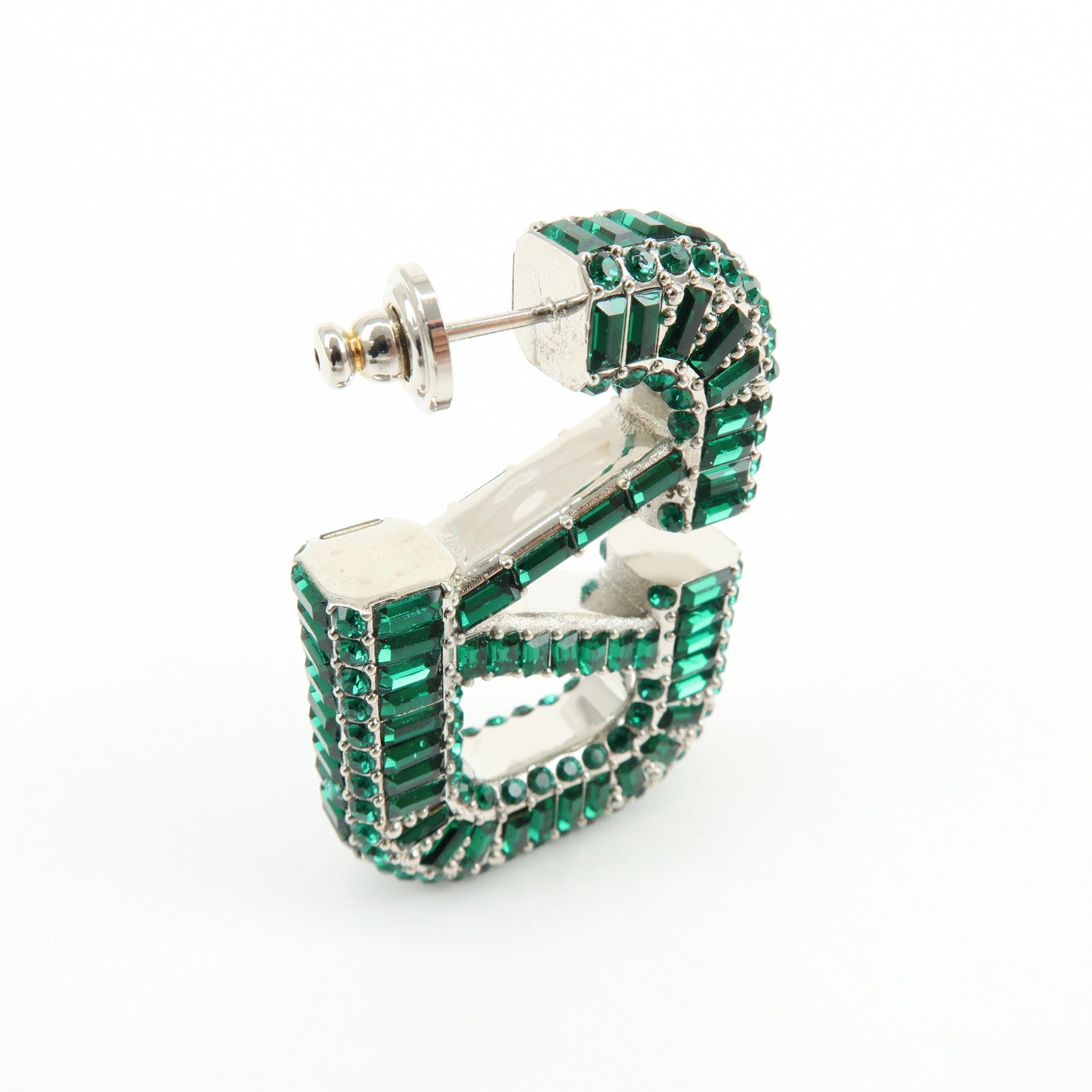VALENTINO V Logo Signature Metal Rhinestone Earrings Green Silver