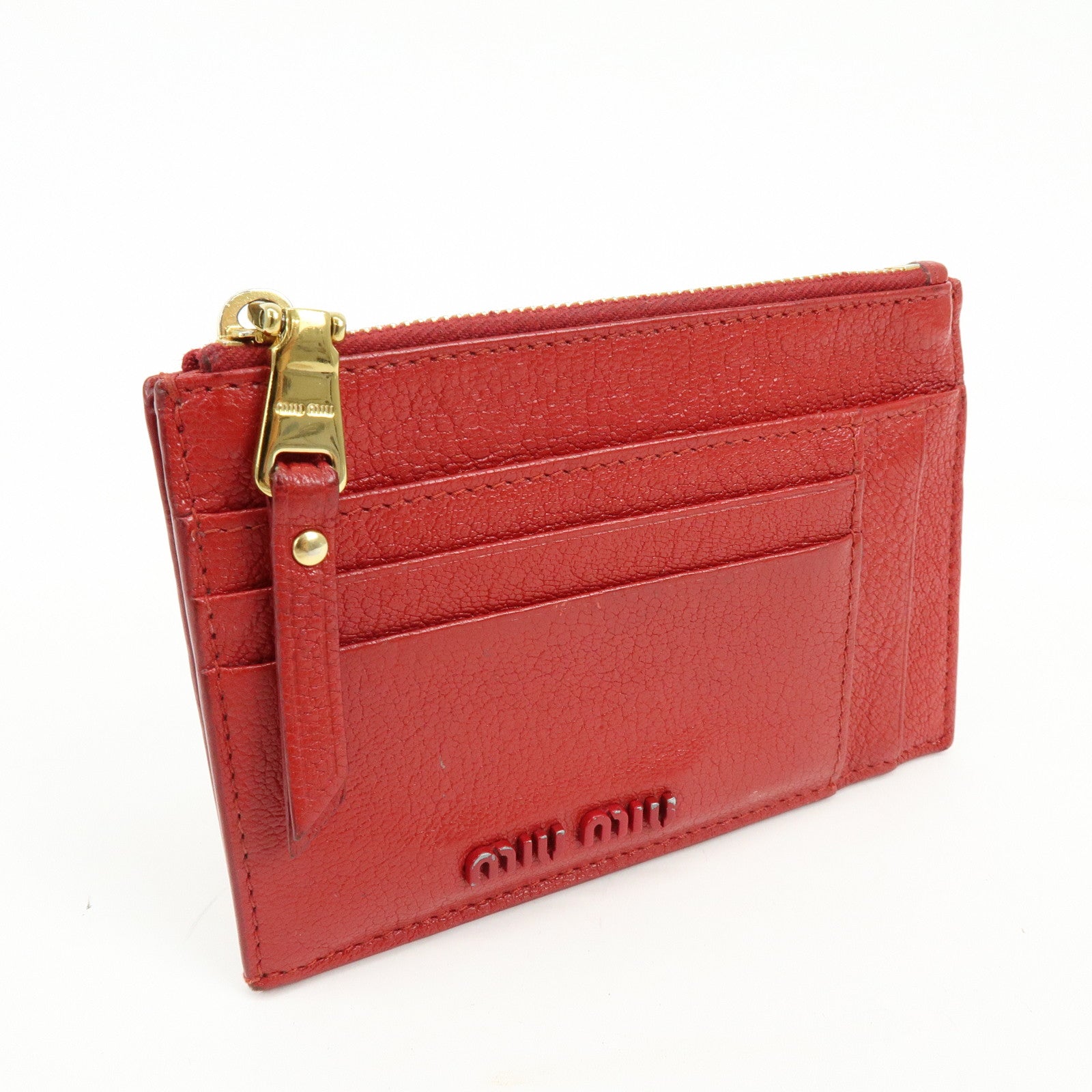 MIU MIU Madras Leather Slim Card Holder Fragment Coin Case Red 5MC446