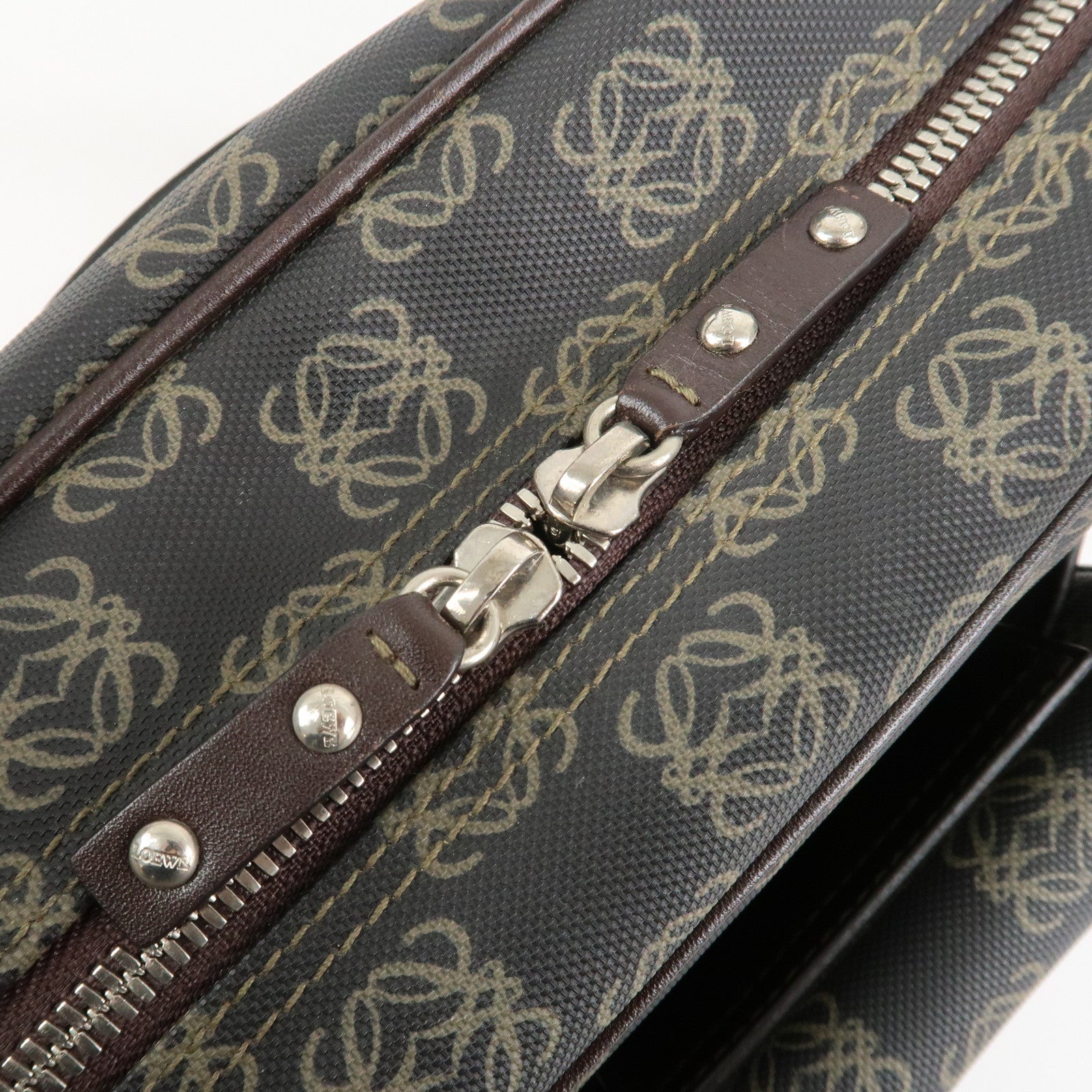 LOEWE Repeat Anagram PVC Leather 2Way Boston Bag Hand Bag Brown Used