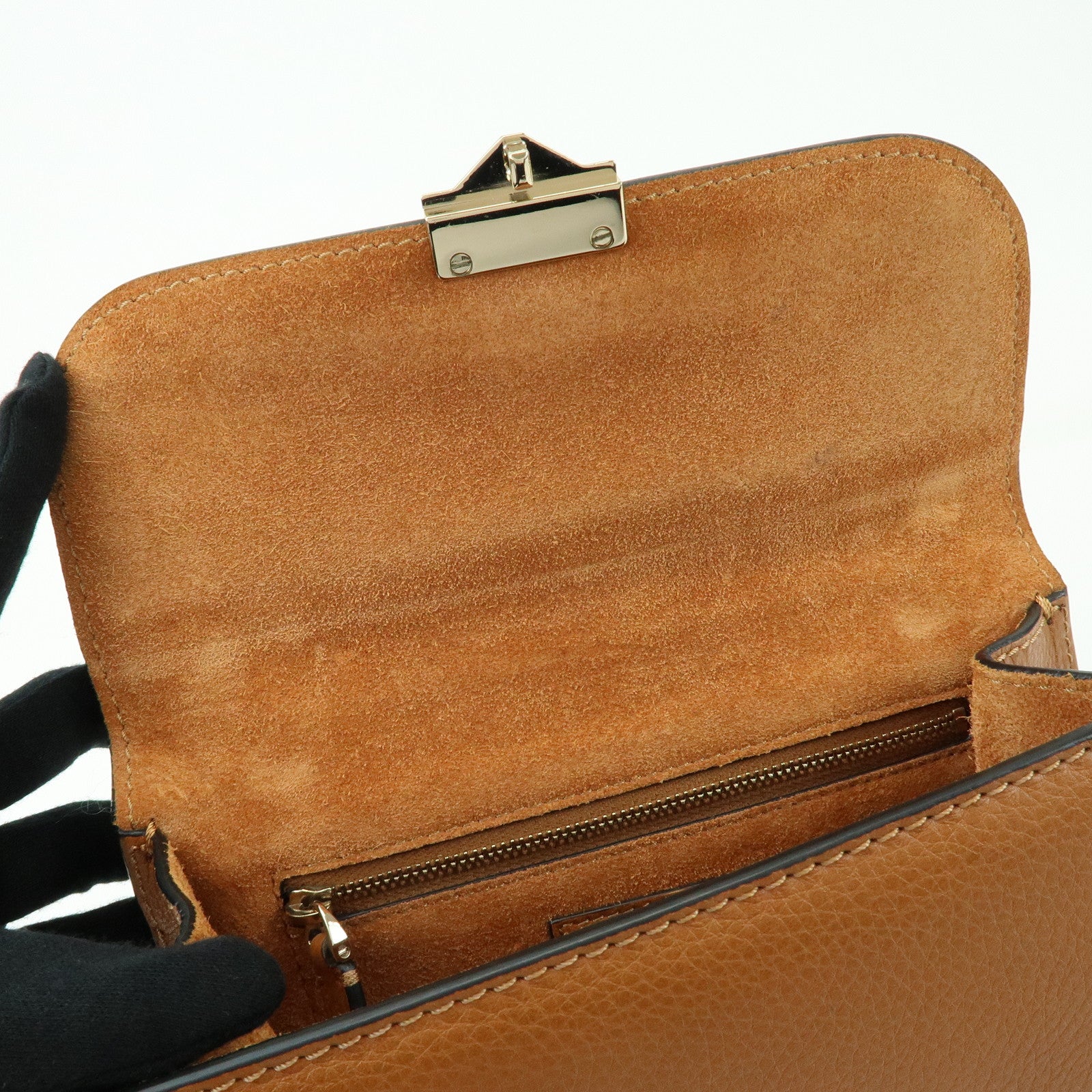 VALENTINO Glam Lock Embroidery Leather Chain Shoulder Bag Brown
