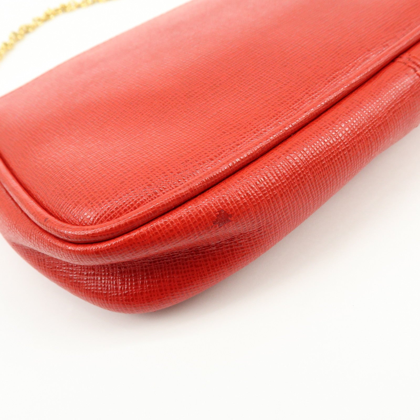 FENDI Embossed Leather Chain Accessary Pouch Hand Bag Red 8M0271