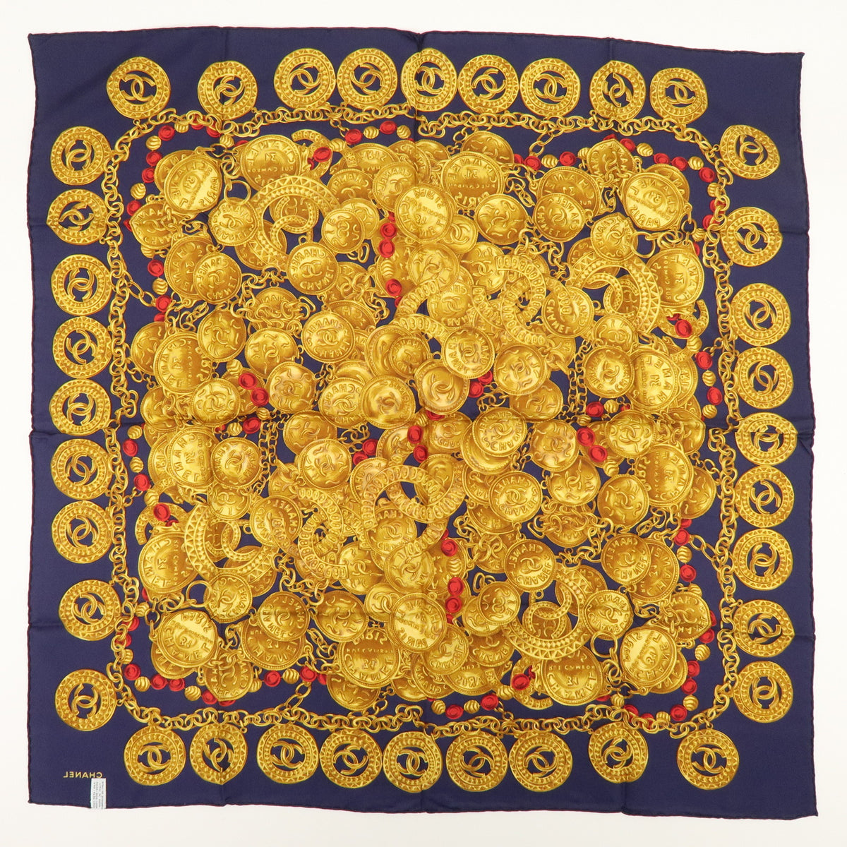 CHANEL COCO Mark Silk 100% Scarf Chain Print Gold Navy Red
