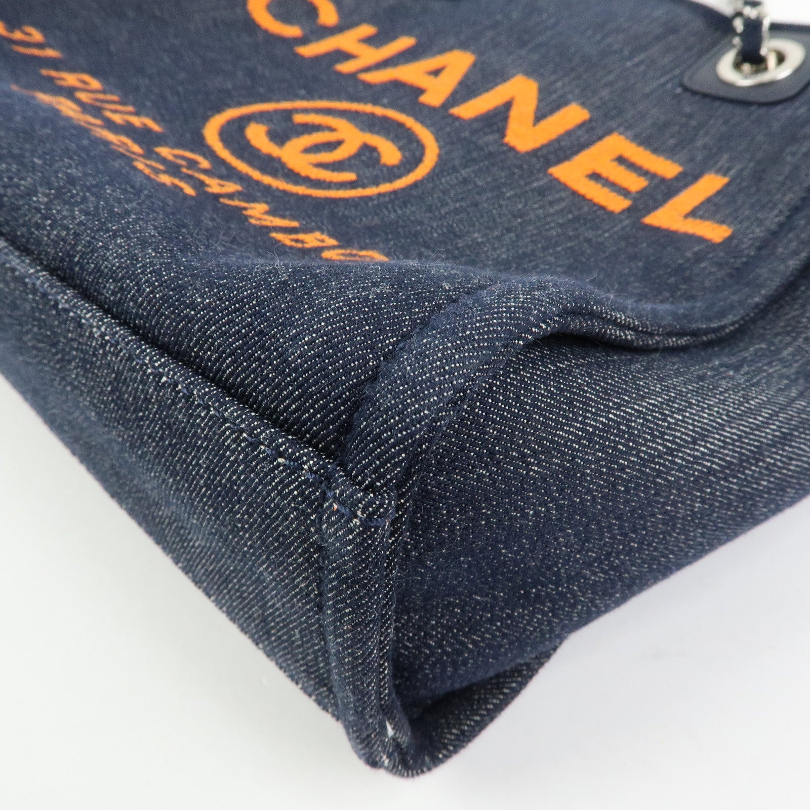 CHANEL Deauville PM Denim Calf Leather Chain Tote Bag Indigo A66939