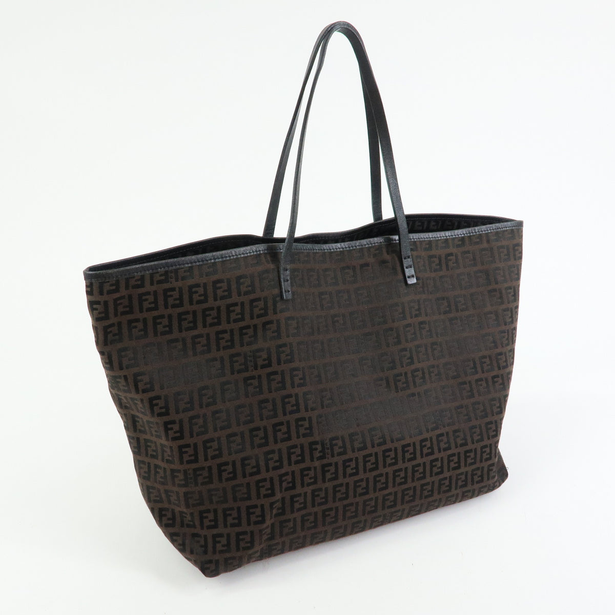 FENDI Zucchino Canvas Leather Tote Bag Black Brown