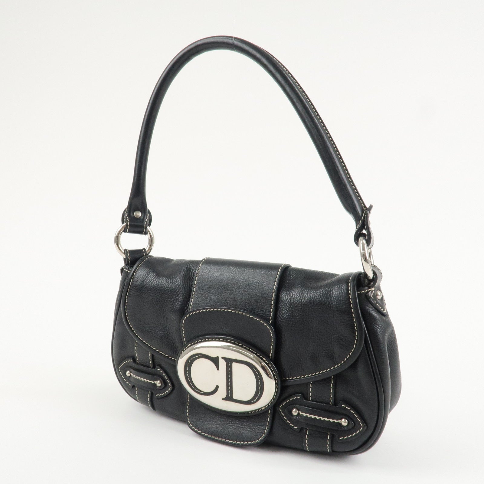 Christian Dior CD Logo Leather Shoulder Bag Hand Bag Black Used