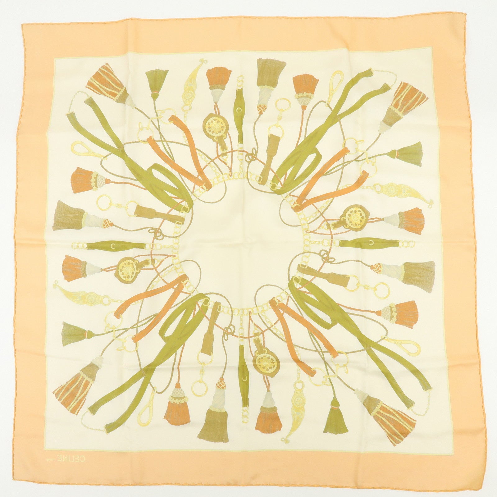CELINE Set of 4 Silk Cotton Scarf Shawl Tassel Motif Beige Black Red