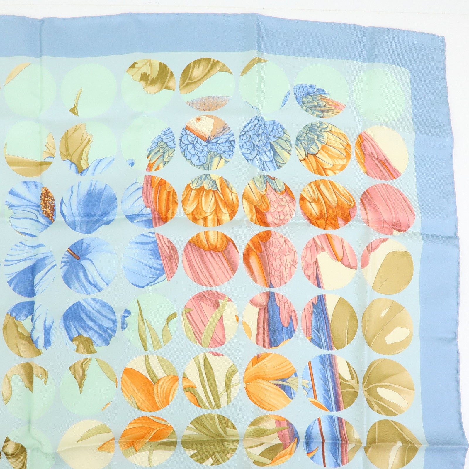 Ferragamo Silk 100% Scarf Leopard Bird Floral Print Light Blue Brown