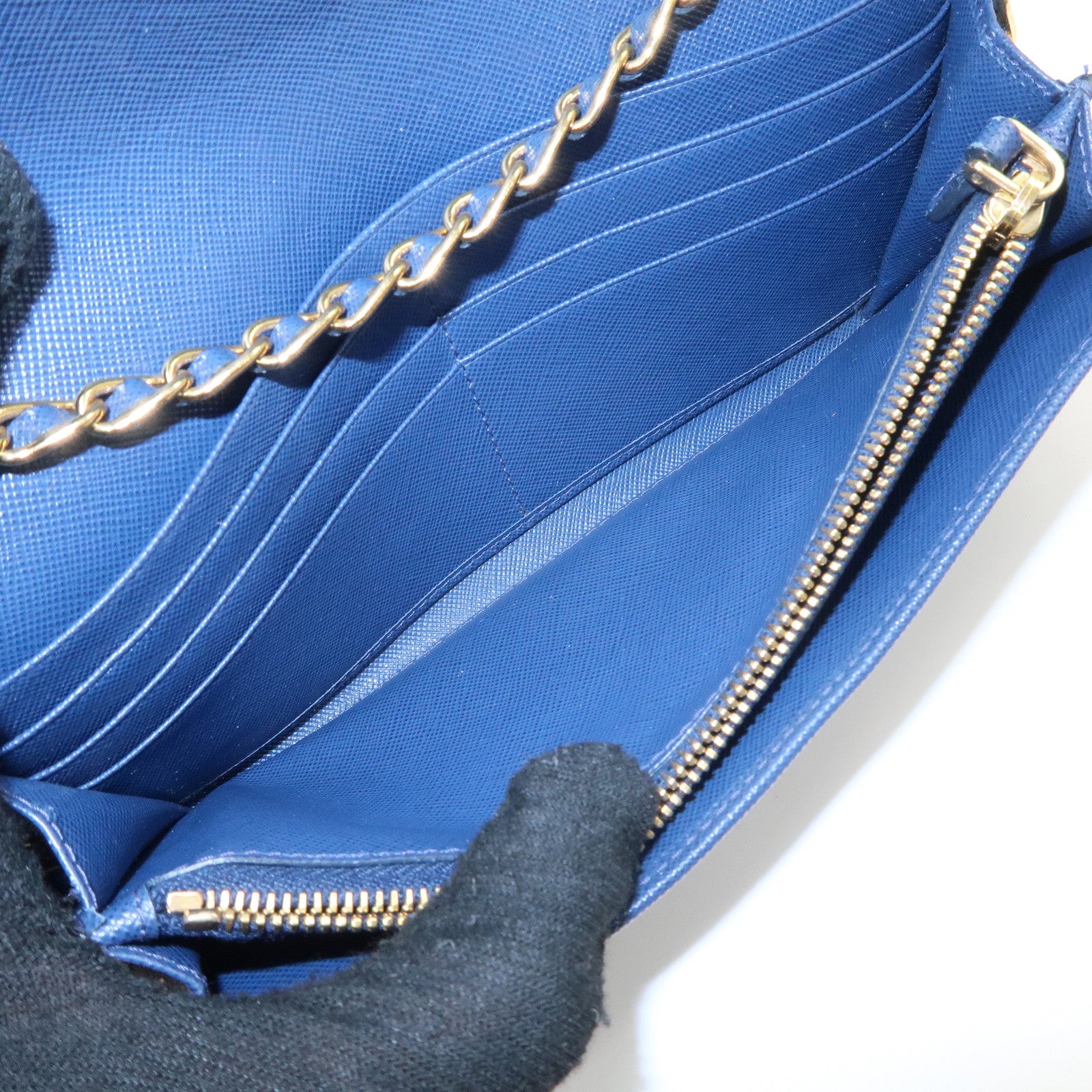 PRADA Logo Leather Chain Wallet WOC Blue Gold Hardware 1MT290 Used