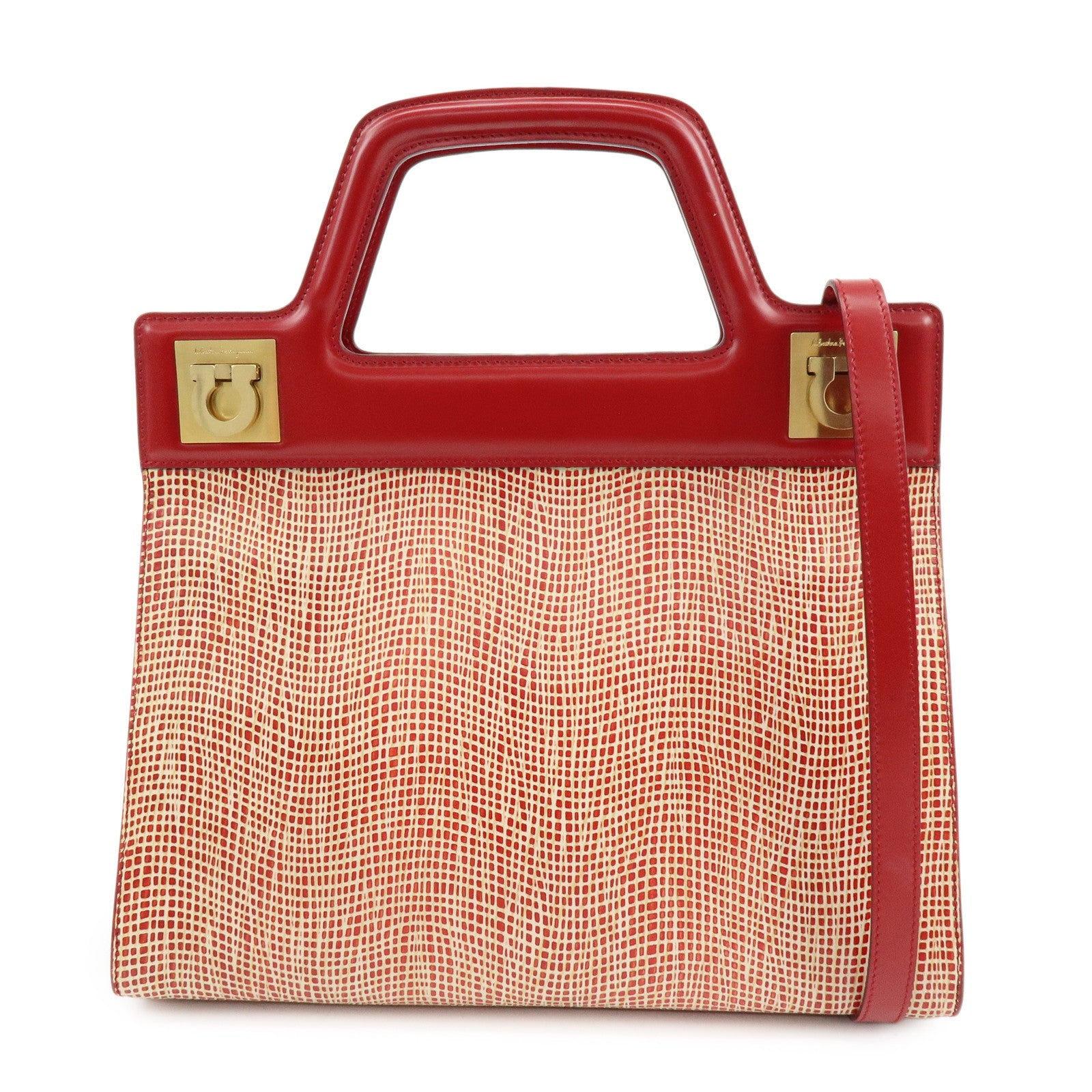 Ferragamo Gancini Leather 2Way Bag Hand Bag Shoulder Bag Red