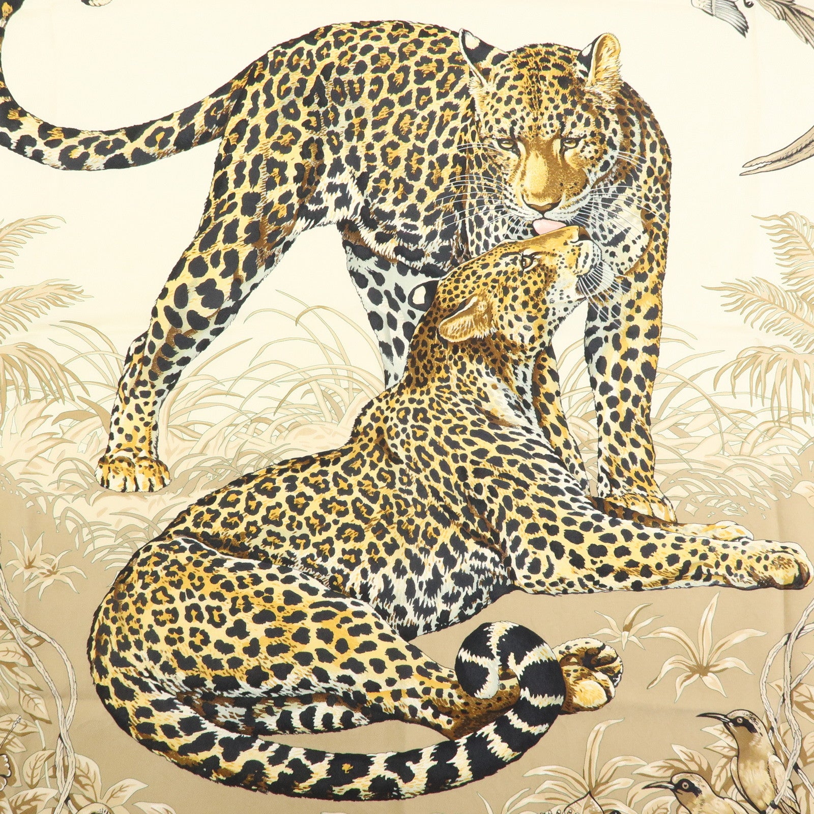 HERMES Carre 90 Silk 100% Scarf JUNGLE LOVE Light Brown Beige