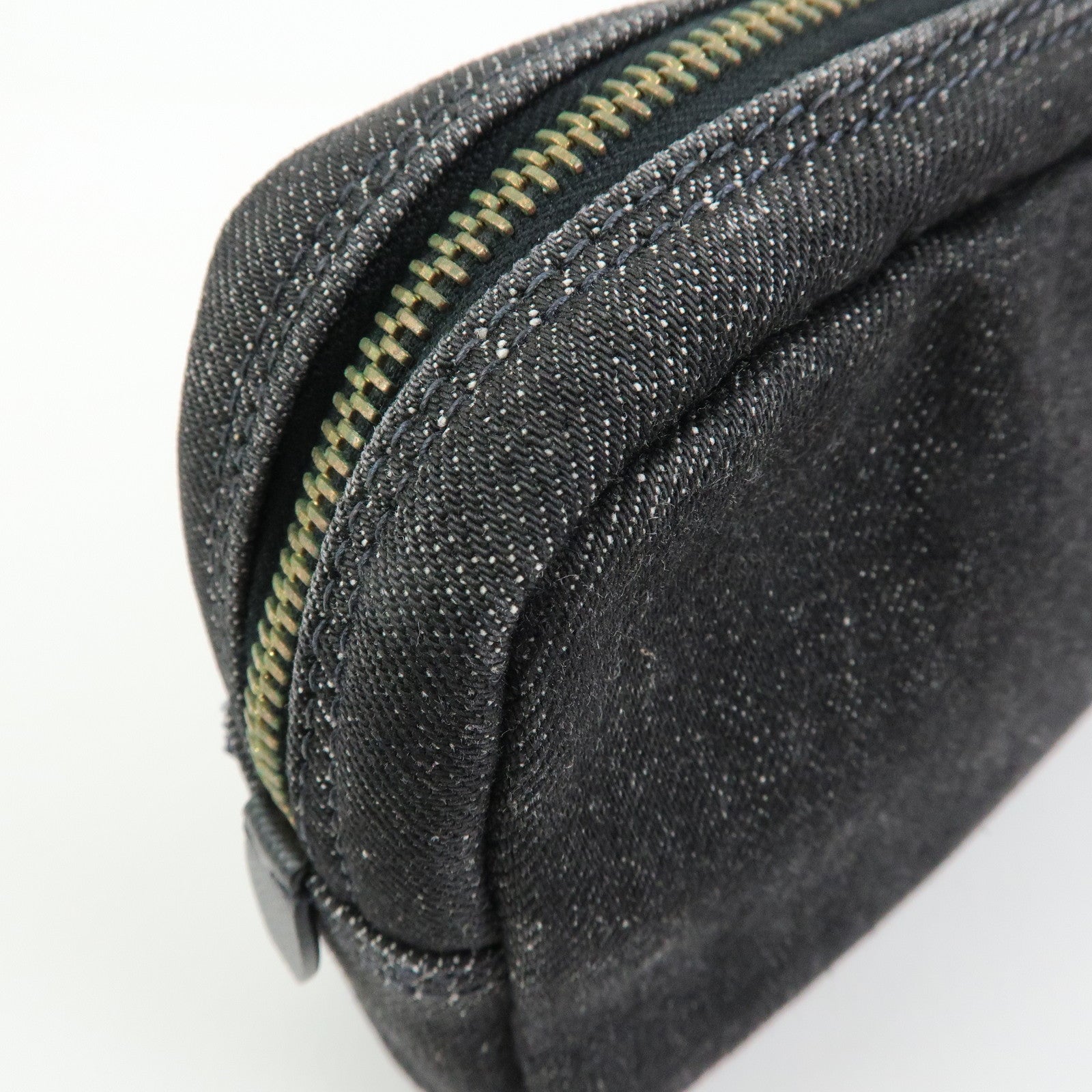 PRADA Triangle Logo Denim Cosmetic Pouch Black Gold