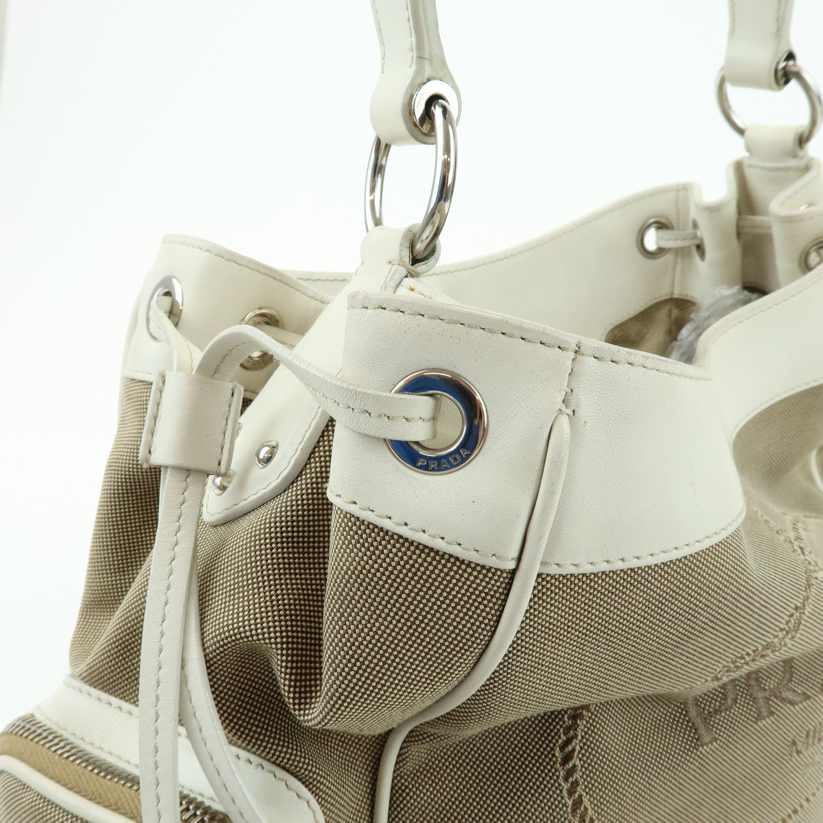 PRADA Triangle Logo Nylon Jacquard Leather Shoudler Bag Beige Ivory