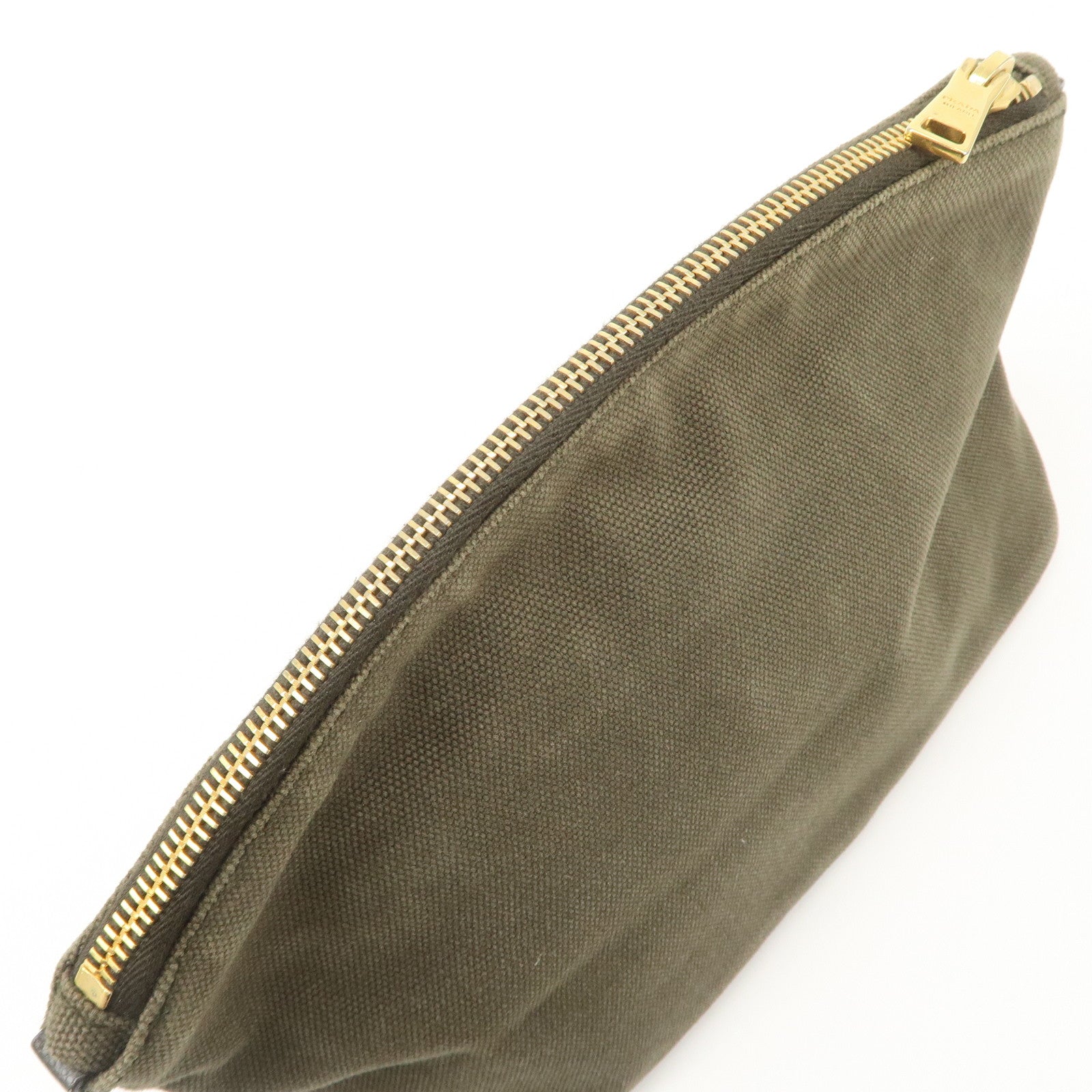 PRADA Triangle Logo Canvas Leather Cosmetic Pouch Khaki 1N1857 Used