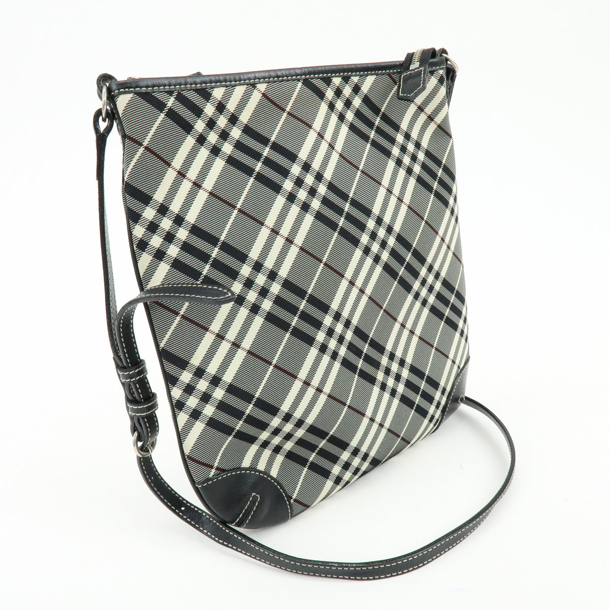 BURBERRY Nova Plaid Canvas Leather Shoulder Bag Black White Wine Red