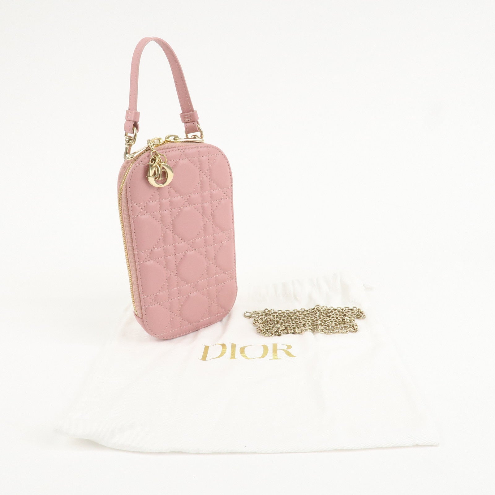 Christian Dior Cannage Leather Phone Holder Shoulder Bag Pink Used
