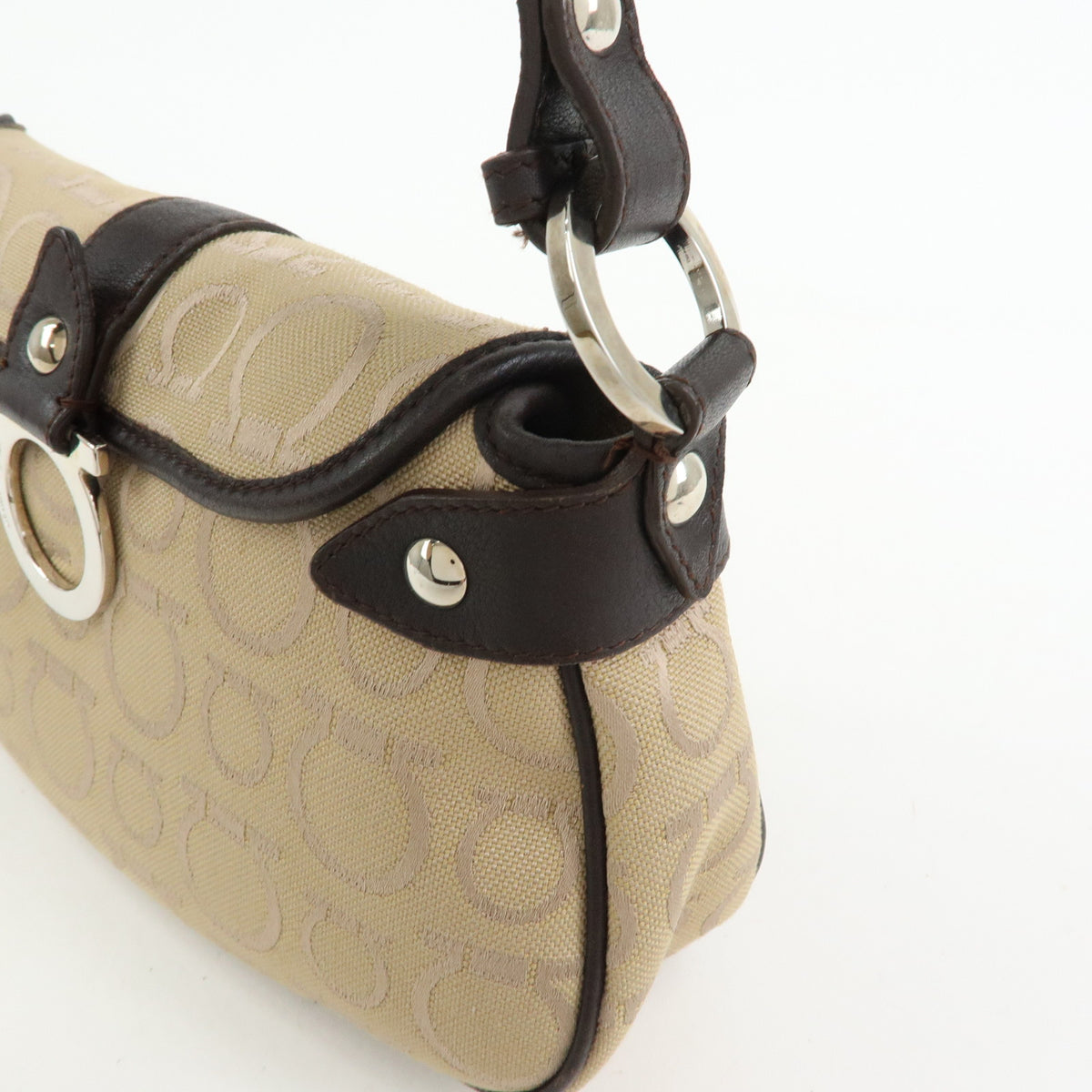 Ferragamo Gancini Jacquard Canvas Leather Hand Bag Beige Brown