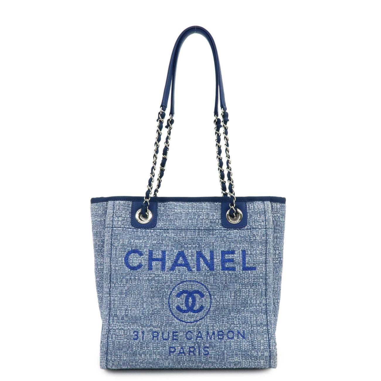 CHANEL Deauville PM Jaquard Canvas Leather Chain Tote Bag Blue A66939