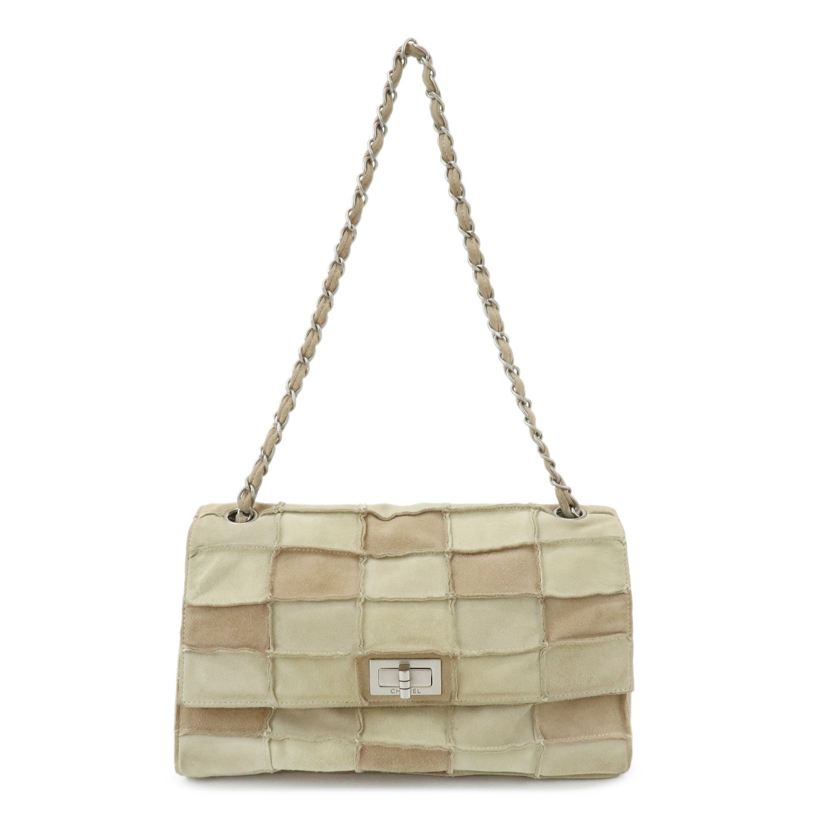 CHANEL 2.55 Suede Patchwork Chain Shoulder Bag Beige A14528