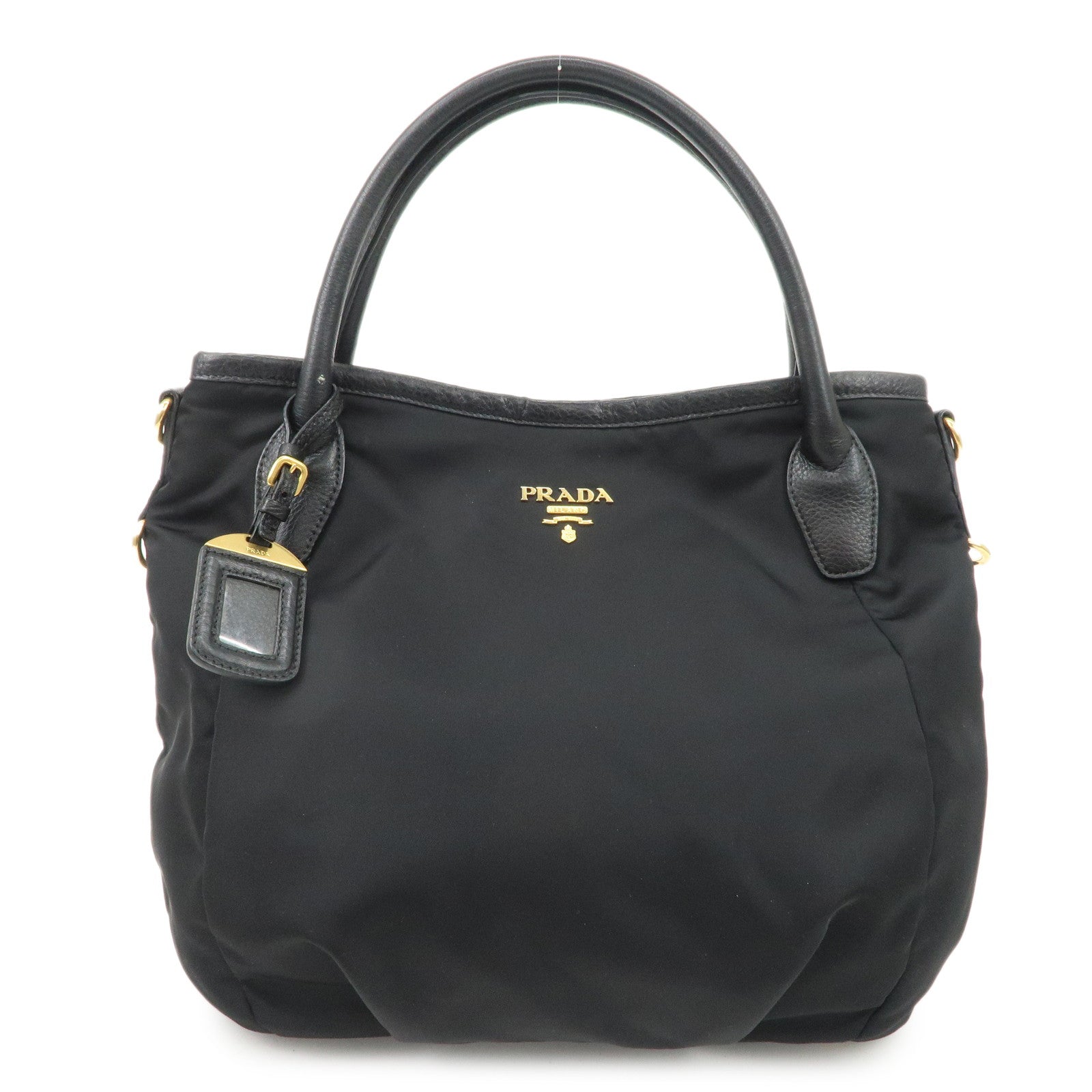 PRADA Logo Nylon Leather 2way Tote Bag Hand Bag Black Gold Hardware Used