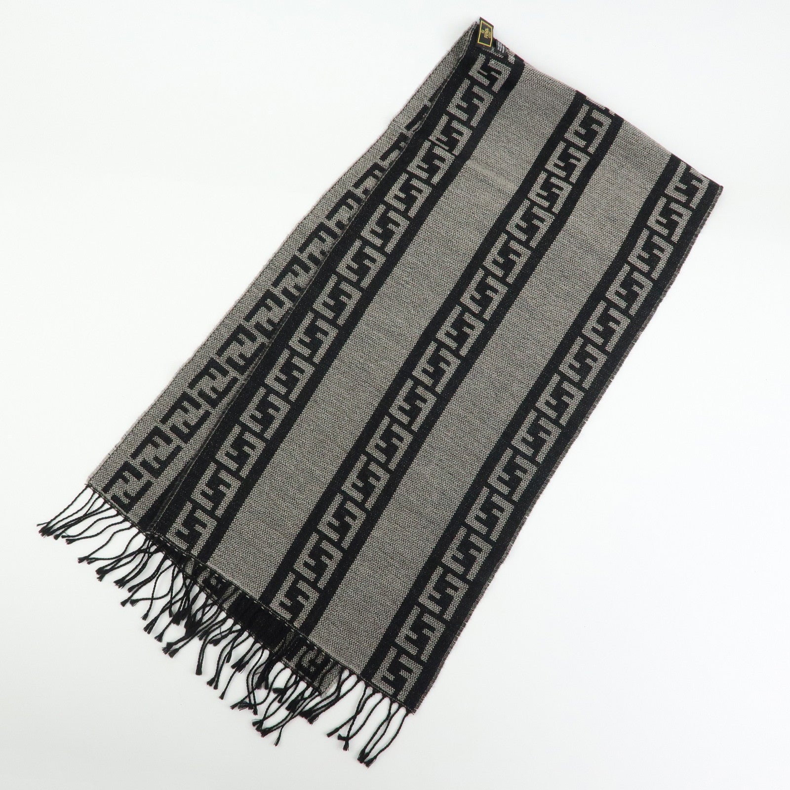 FENDI Zucca Wool 100% Striped Scarf Stole Black Gray