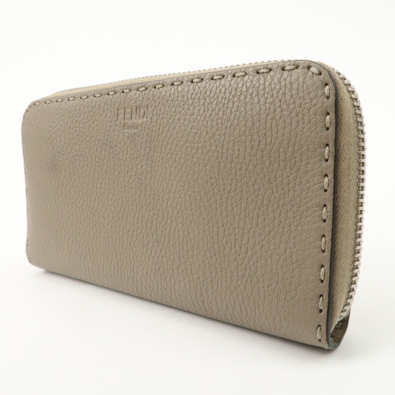 FENDI Selleria Leather Zip Around Long Wallet Greige 8M0374 Used
