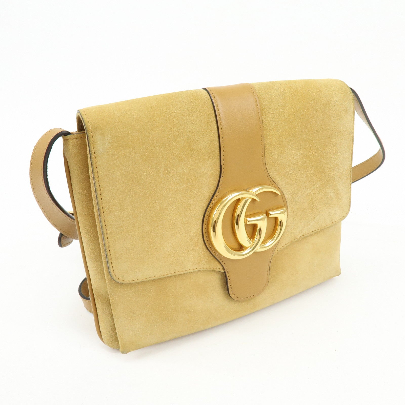 GUCCI Arli Double G Suede Leather Shoulder Crossbody Bag Beige Brown