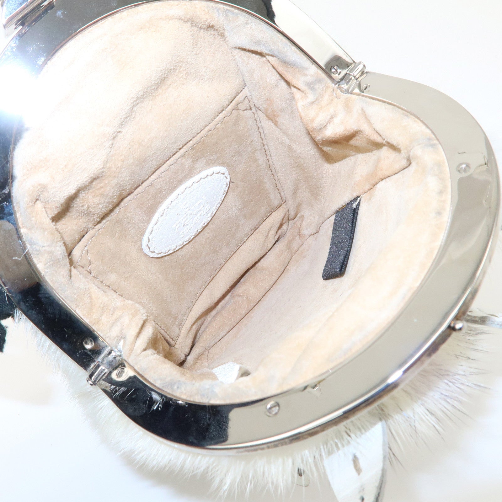 FENDI Seleria Leather Fur Flower Motif Kiss Lock Pouch Hand Bag 8BK048 Used