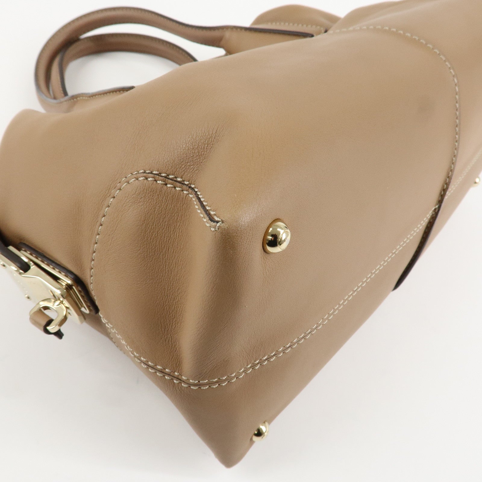 TOD'S Leather Shoulder Bag Boston Bag Hand Bag Beige Used