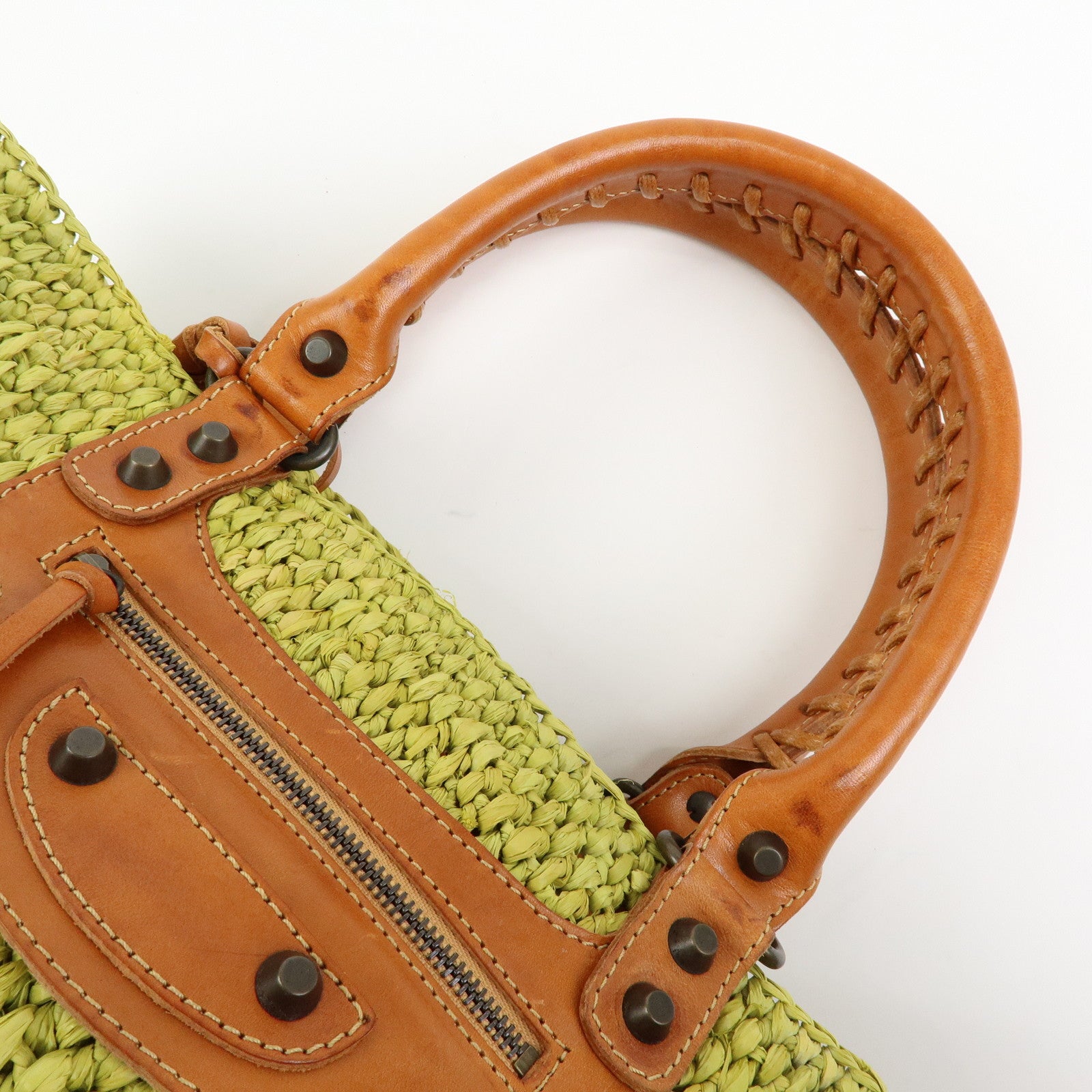 Balenciaga Panier Raffia Leather Basket Tote Bag Green Brown 236741
