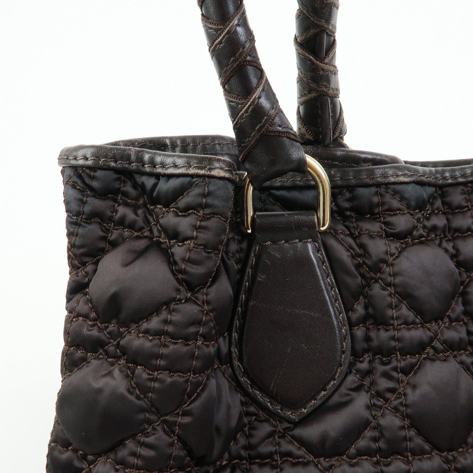 Christian Dior Lady Dior Cannage Nylon Leather Hand Bag Tote Bag Brown