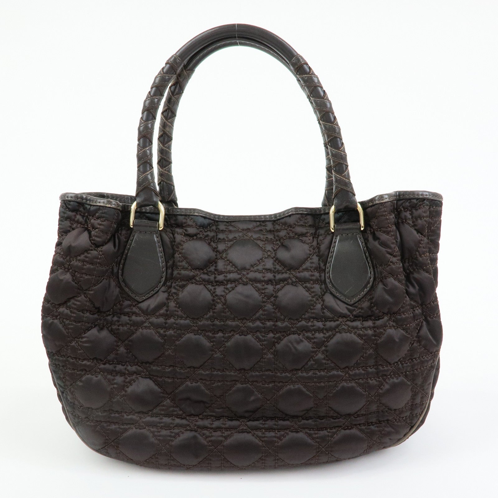 Christian Dior Lady Dior Cannage Nylon Leather Hand Bag Tote Bag Brown