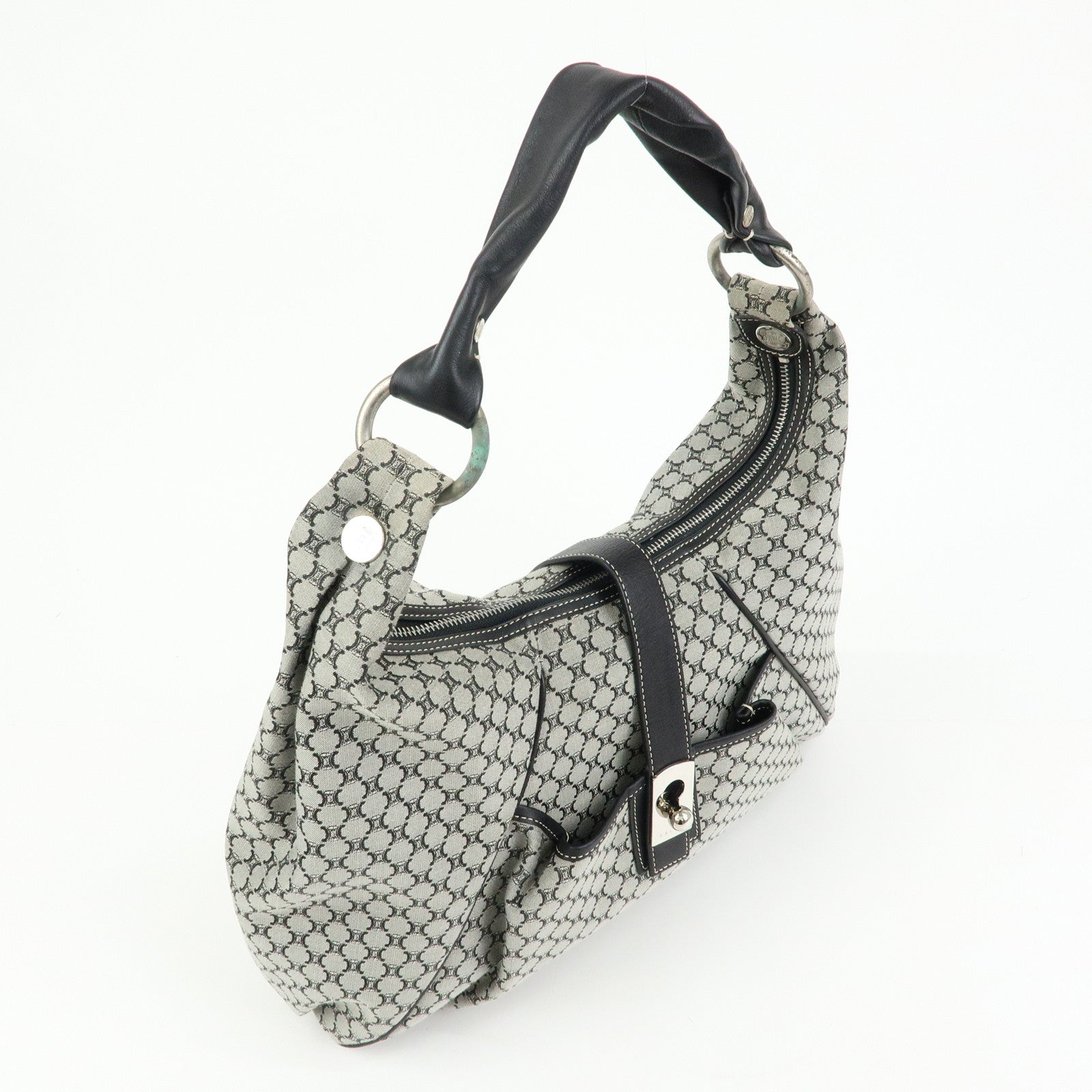 CELINE Macadam Canvas Leather Shoulder Bag Grey Black Silver